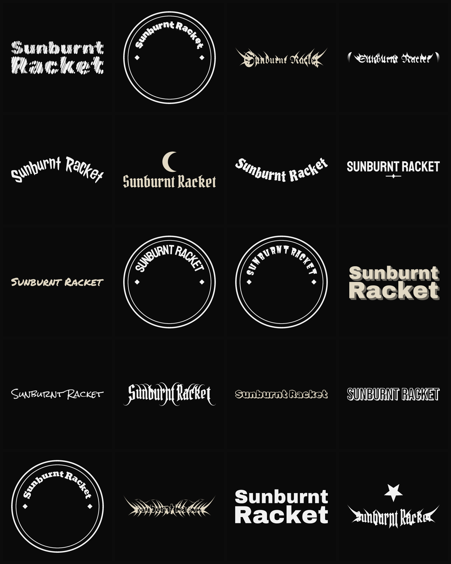 Twenty Sunburnt Racket band logo ideas — different faces, treatments and spike settings
