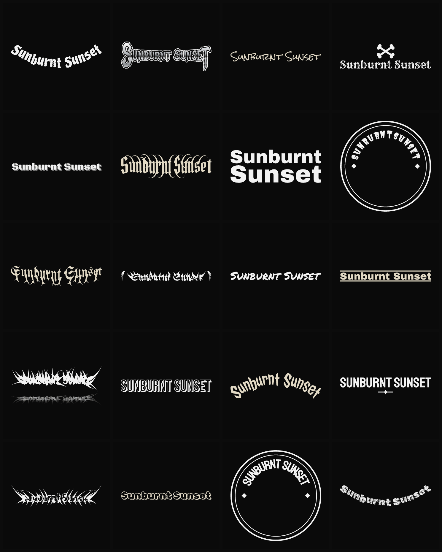Twenty Sunburnt Sunset band logo ideas — different faces, treatments and spike settings