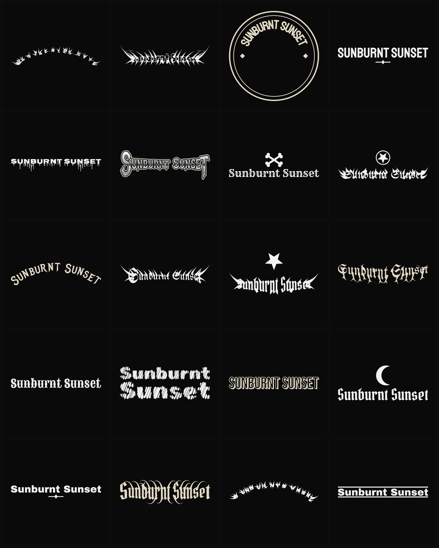 Twenty Sunburnt Sunset band logo ideas — different faces, treatments and spike settings