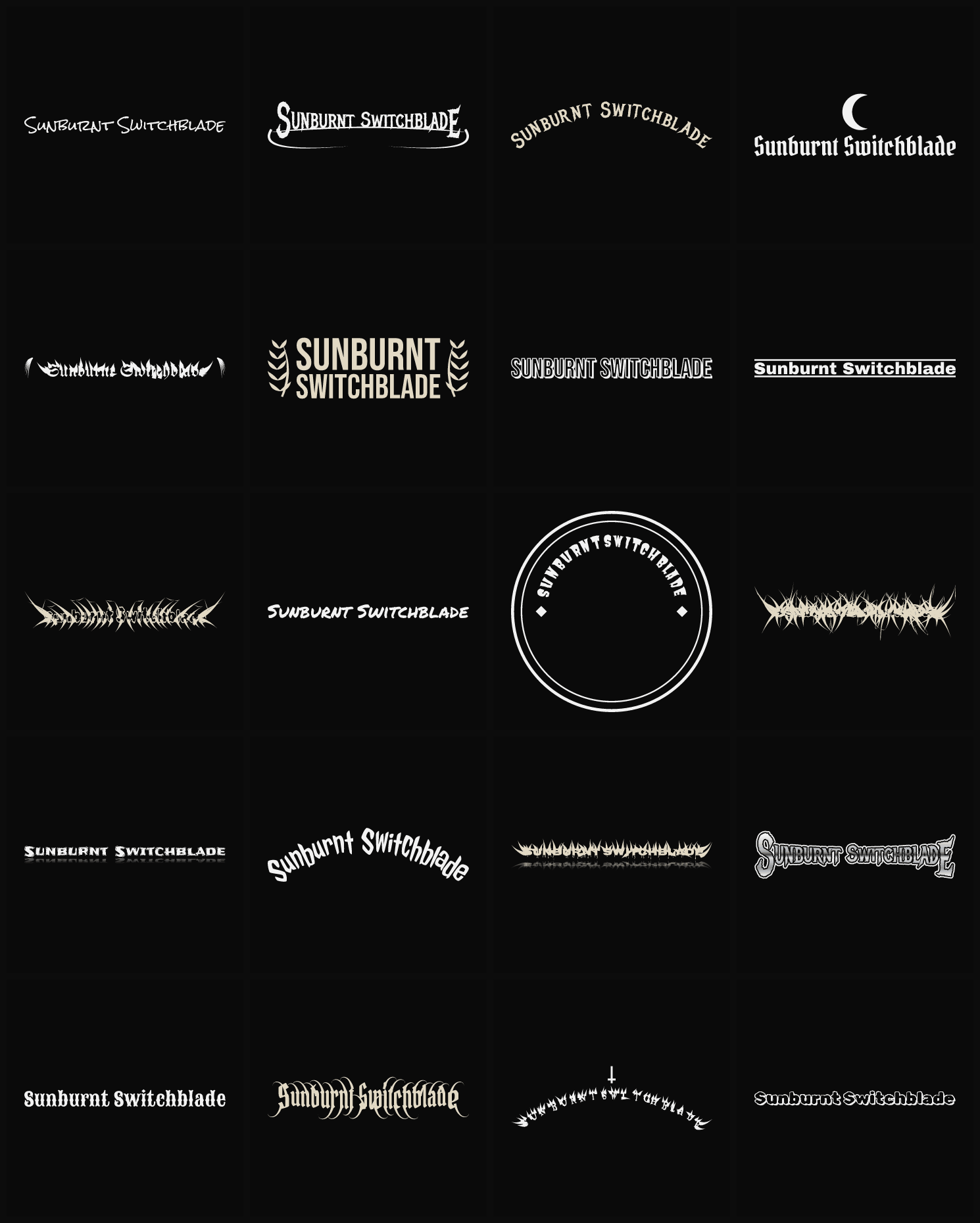 Twenty Sunburnt Switchblade band logo ideas — different faces, treatments and spike settings