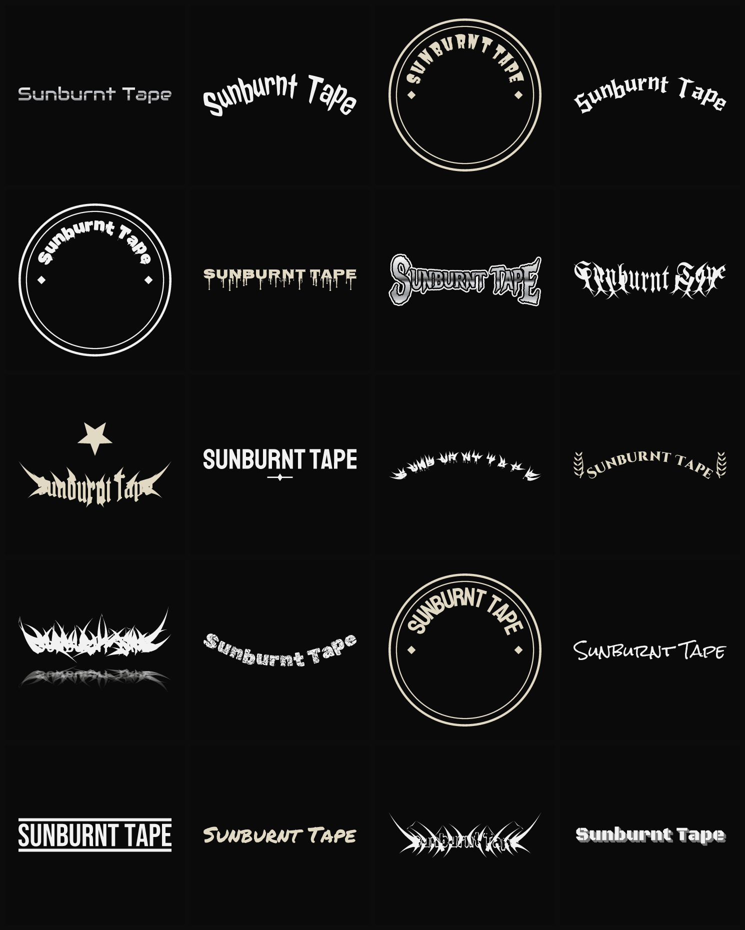 Twenty Sunburnt Tape band logo ideas — different faces, treatments and spike settings