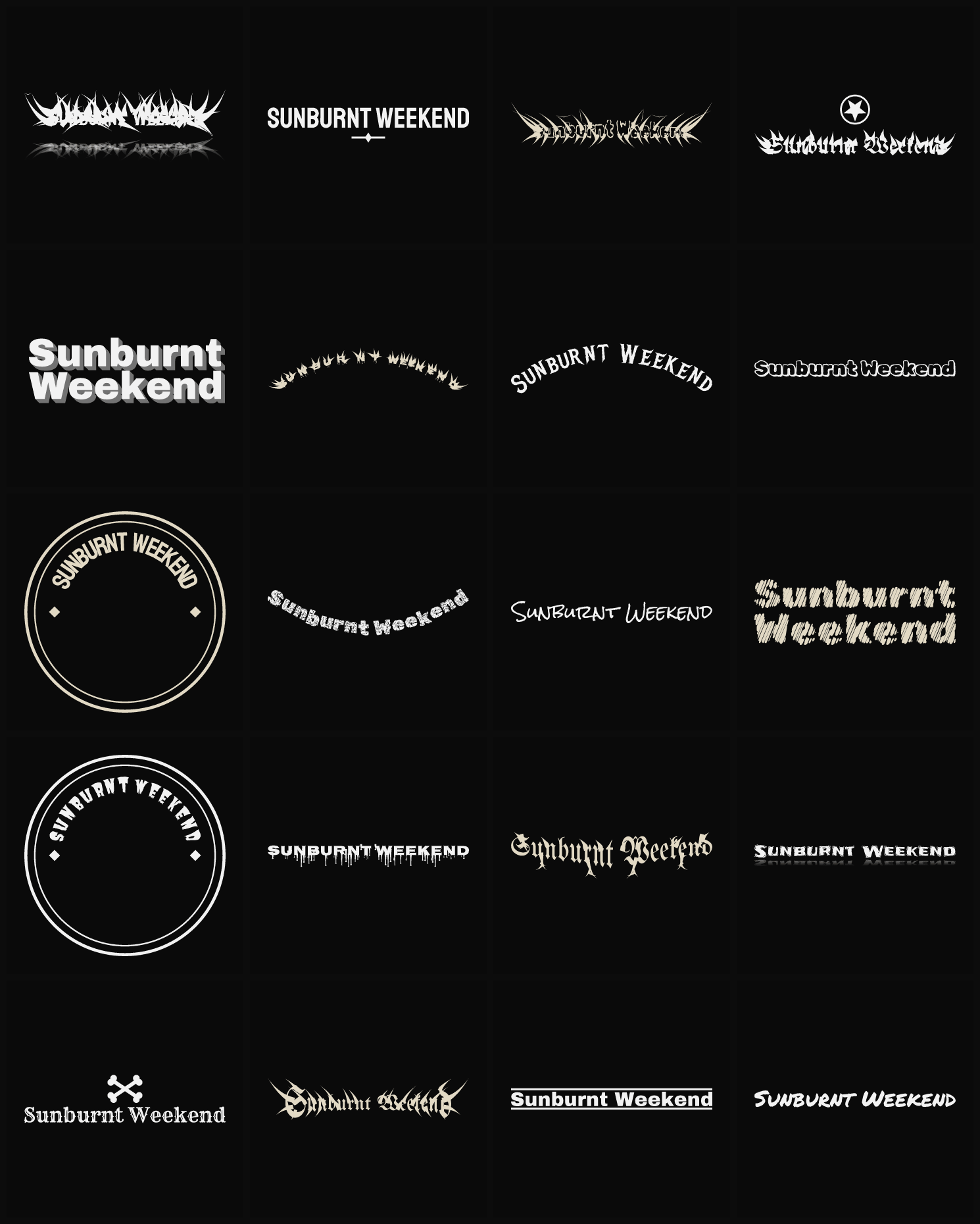 Twenty Sunburnt Weekend band logo ideas — different faces, treatments and spike settings