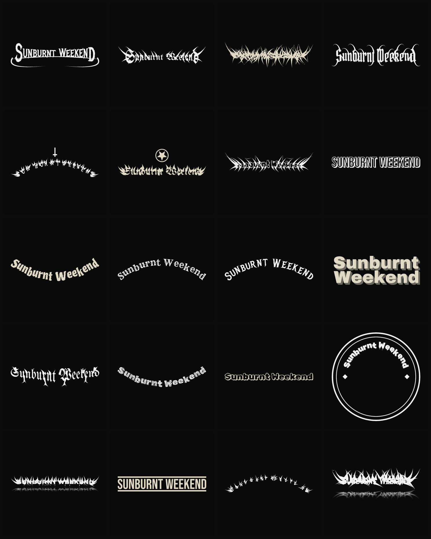 Twenty Sunburnt Weekend band logo ideas — different faces, treatments and spike settings