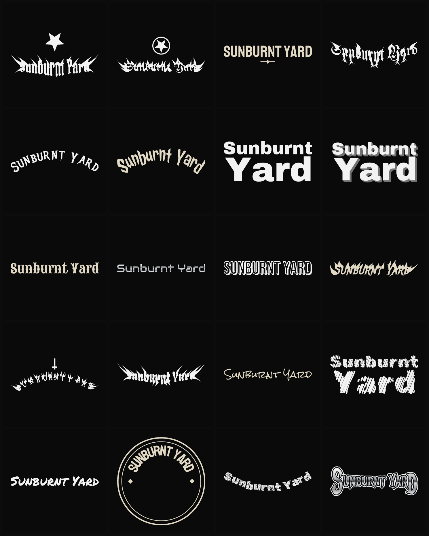 Twenty Sunburnt Yard band logo ideas — different faces, treatments and spike settings