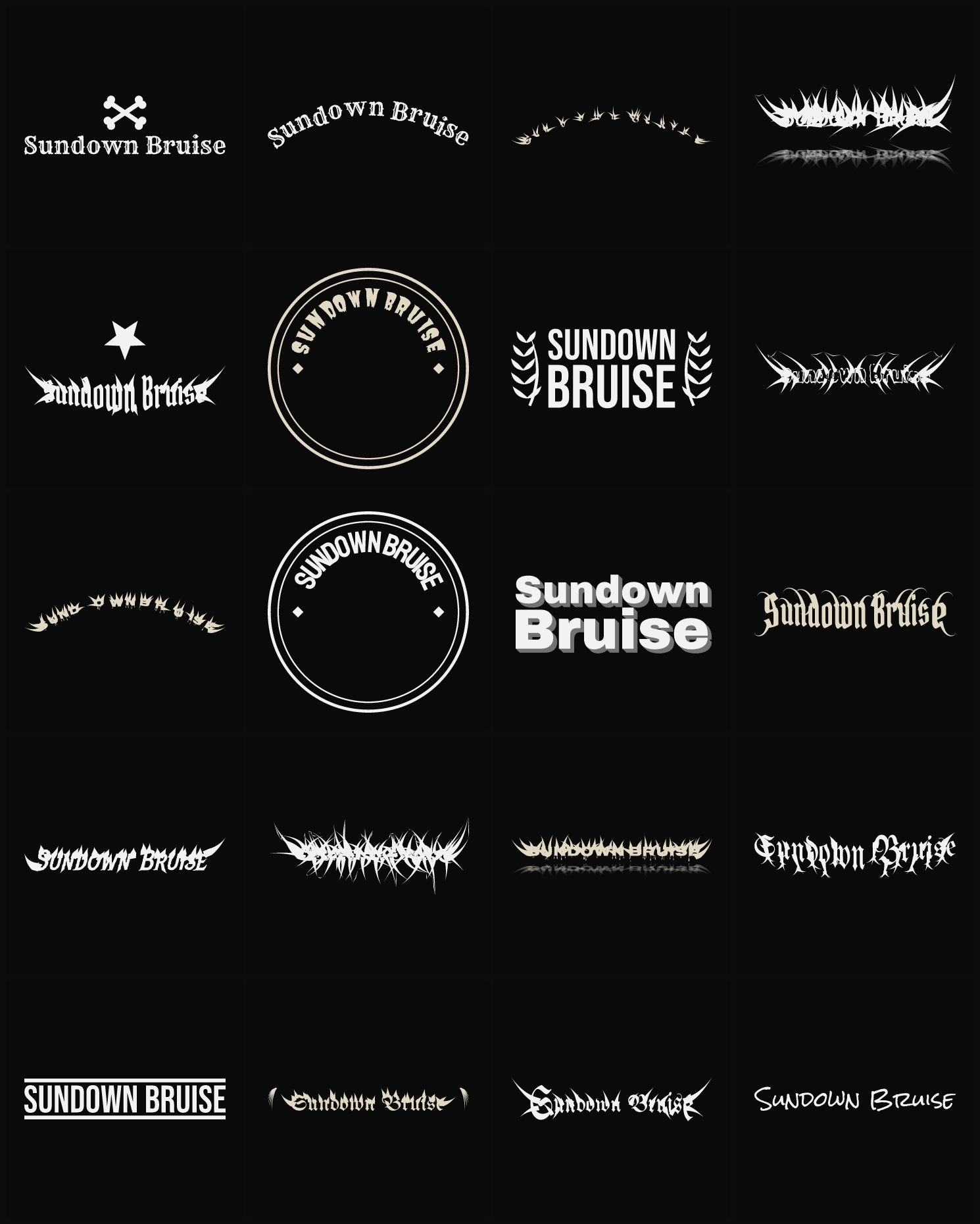 Twenty Sundown Bruise band logo ideas — different faces, treatments and spike settings