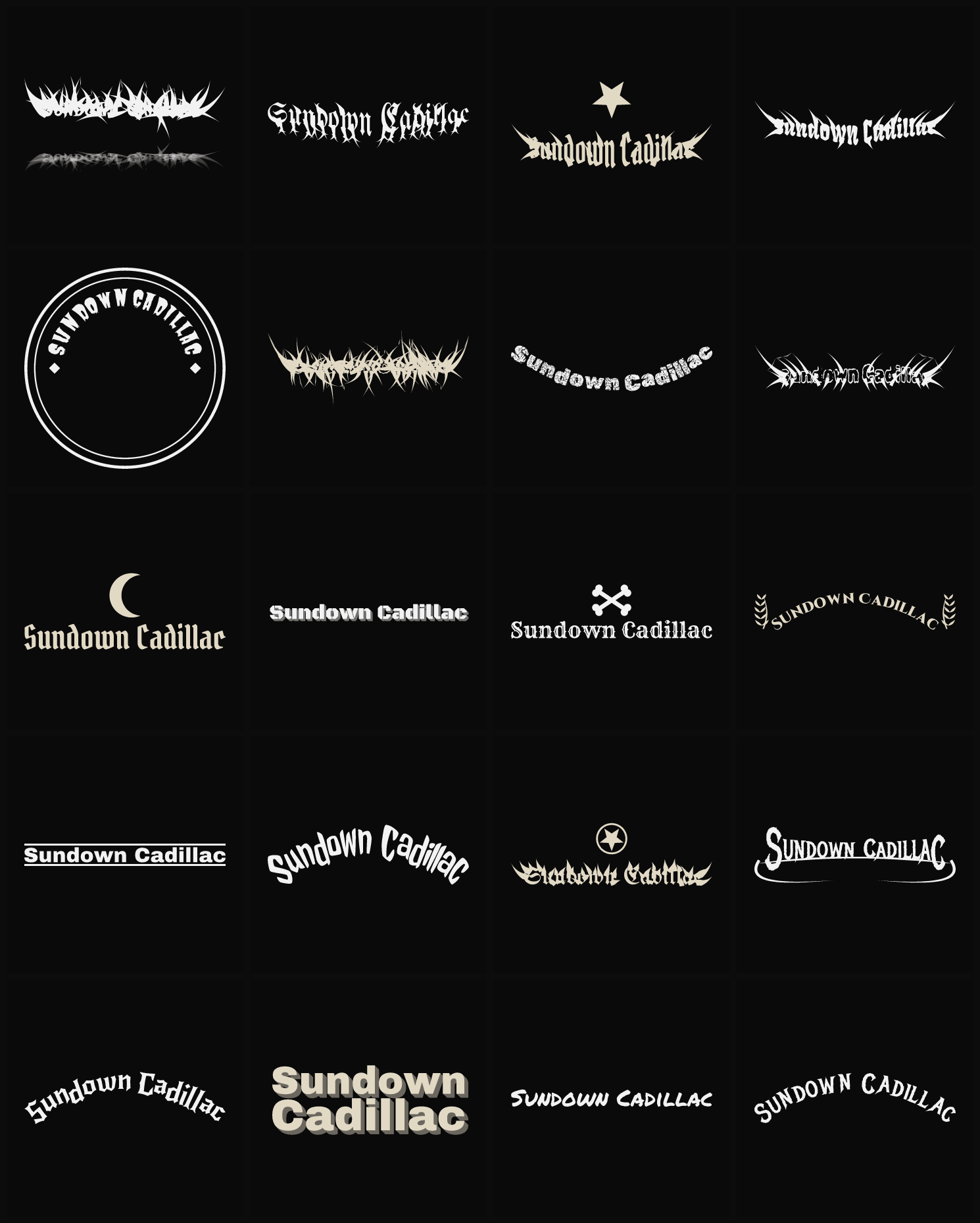 Twenty Sundown Cadillac band logo ideas — different faces, treatments and spike settings