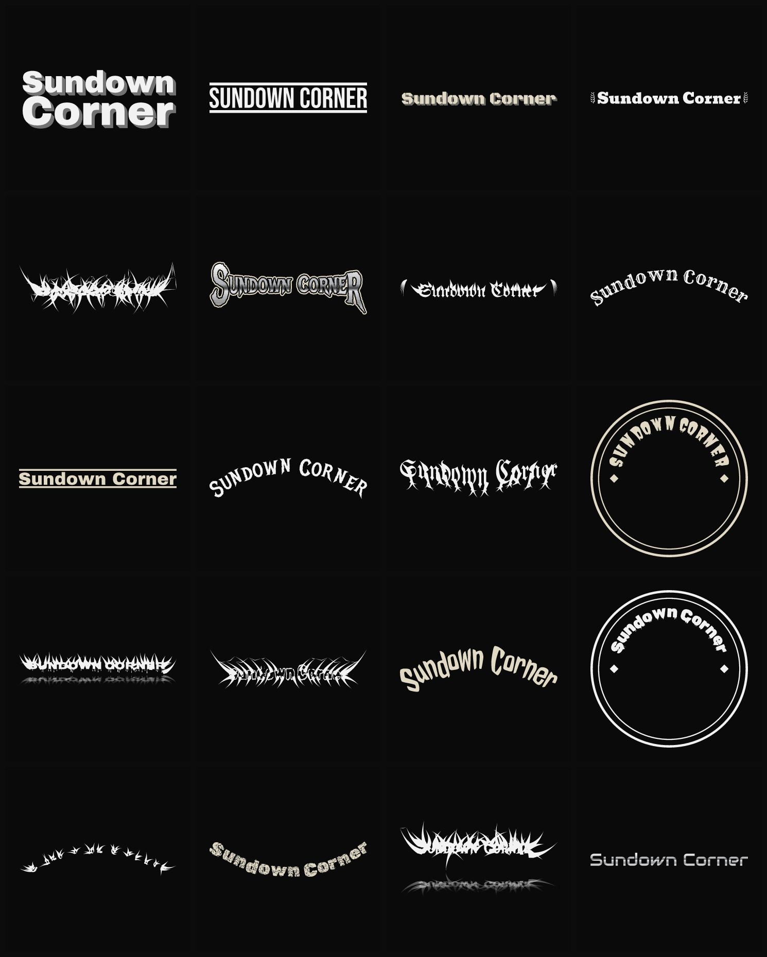 Twenty Sundown Corner band logo ideas — different faces, treatments and spike settings