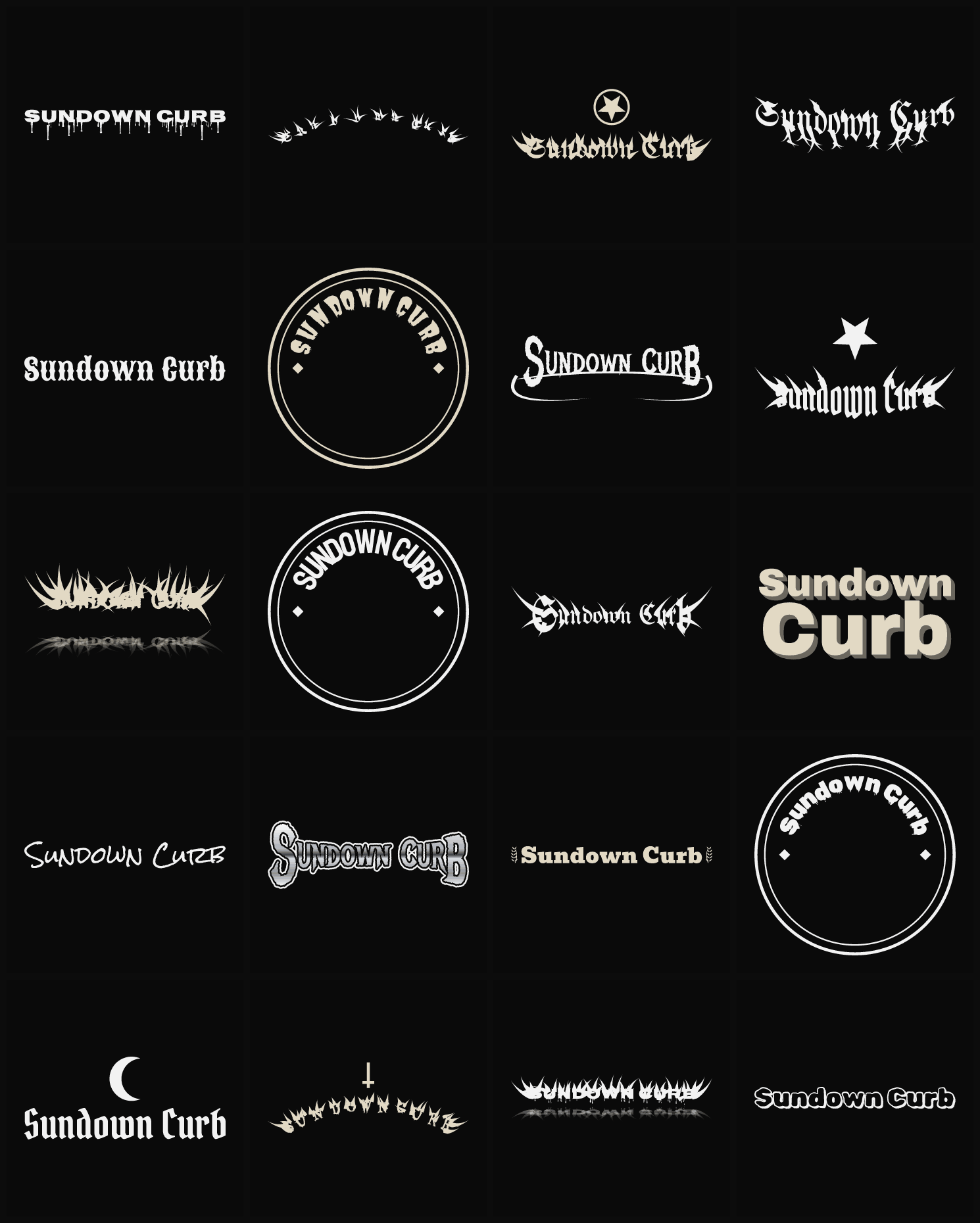 Twenty Sundown Curb band logo ideas — different faces, treatments and spike settings