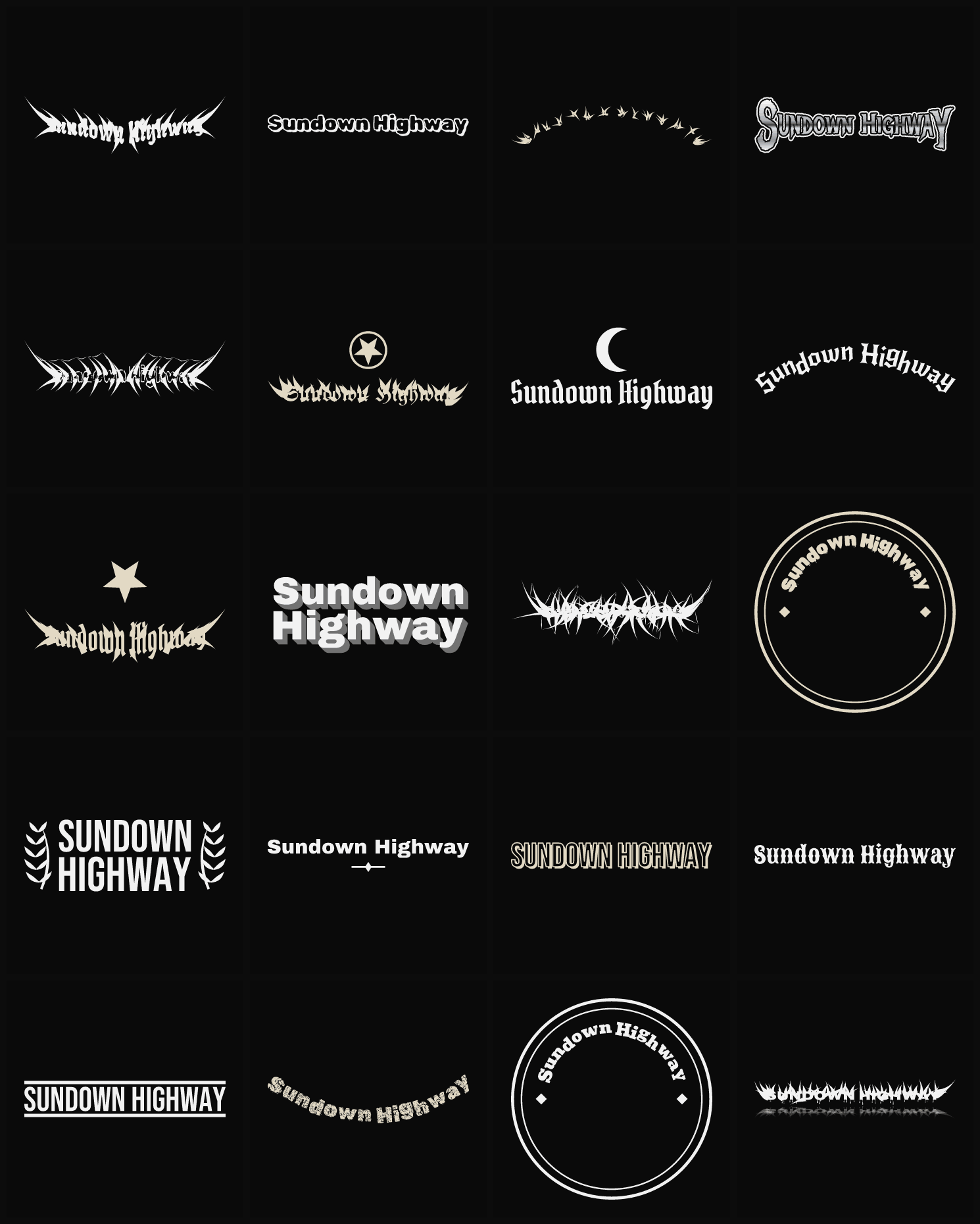 Twenty Sundown Highway band logo ideas — different faces, treatments and spike settings