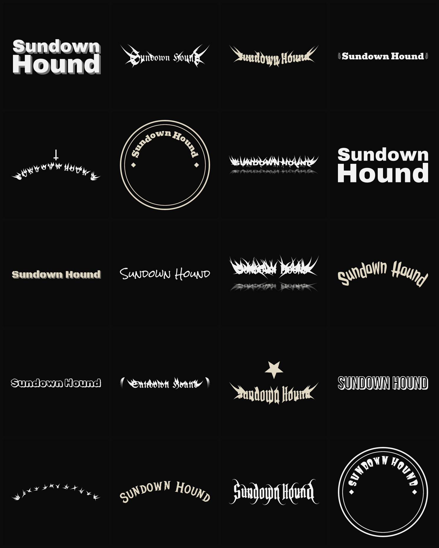 Twenty Sundown Hound band logo ideas — different faces, treatments and spike settings