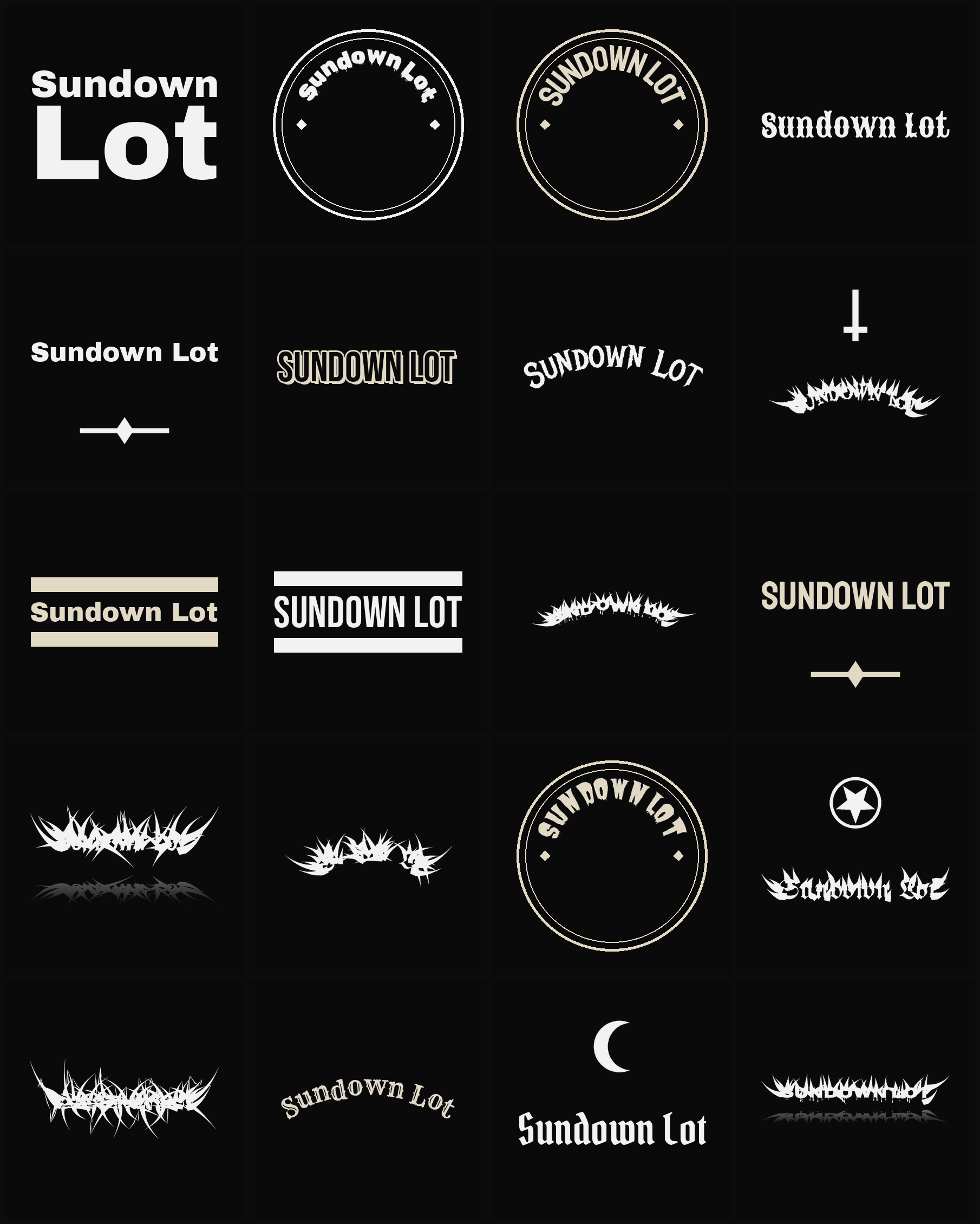 Twenty Sundown Lot band logo ideas — different faces, treatments and spike settings