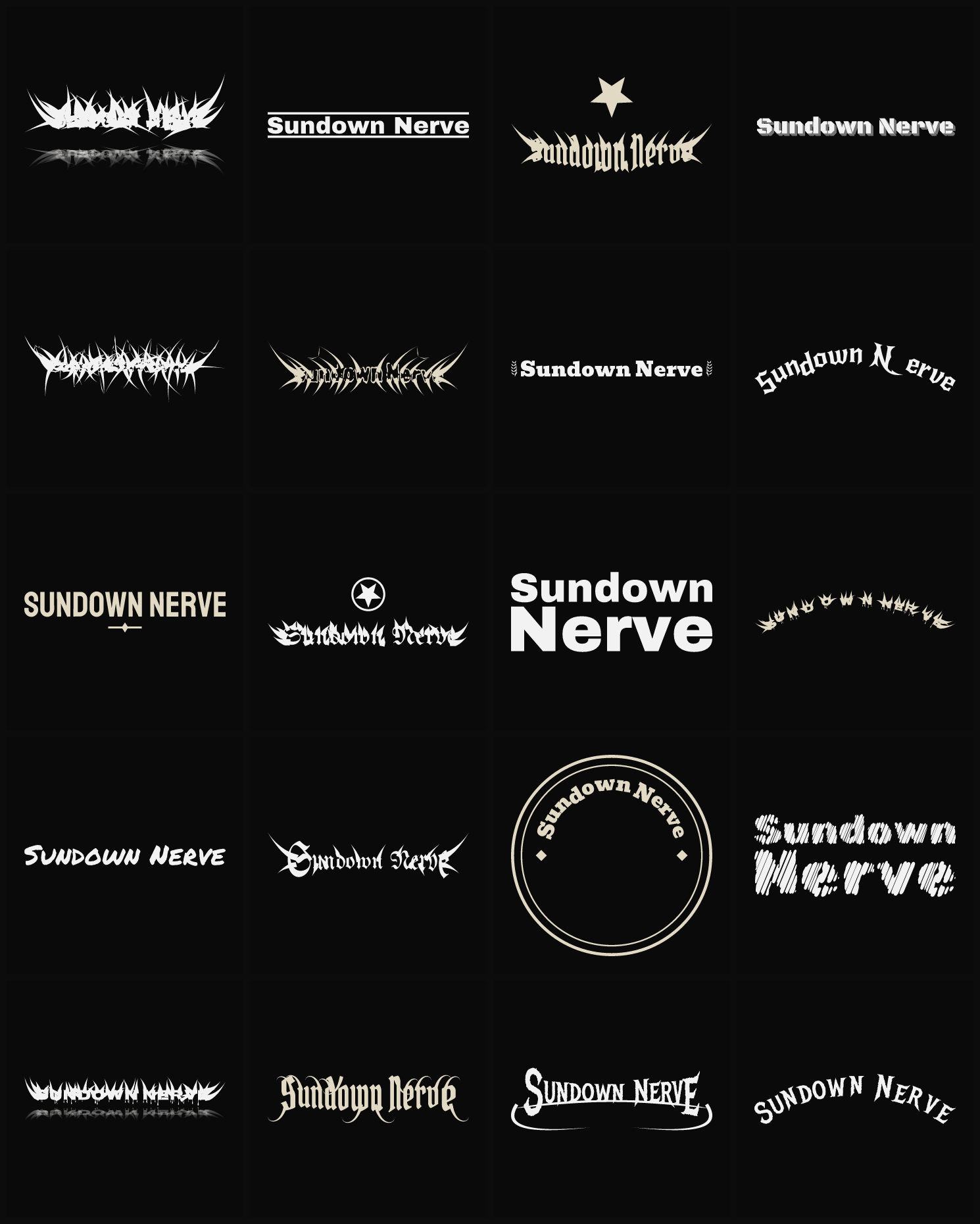 Twenty Sundown Nerve band logo ideas — different faces, treatments and spike settings