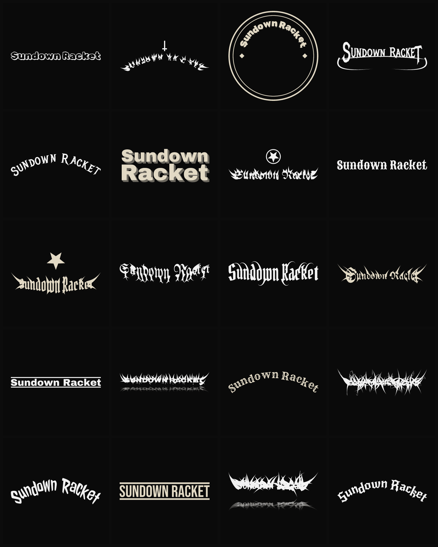 Twenty Sundown Racket band logo ideas — different faces, treatments and spike settings