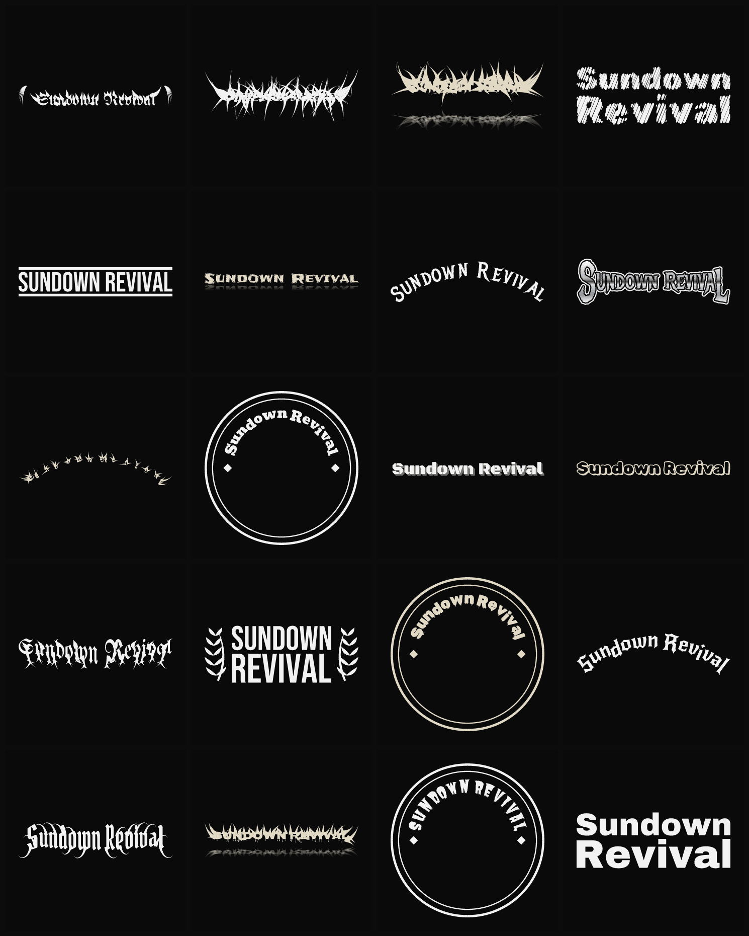 Twenty Sundown Revival band logo ideas — different faces, treatments and spike settings