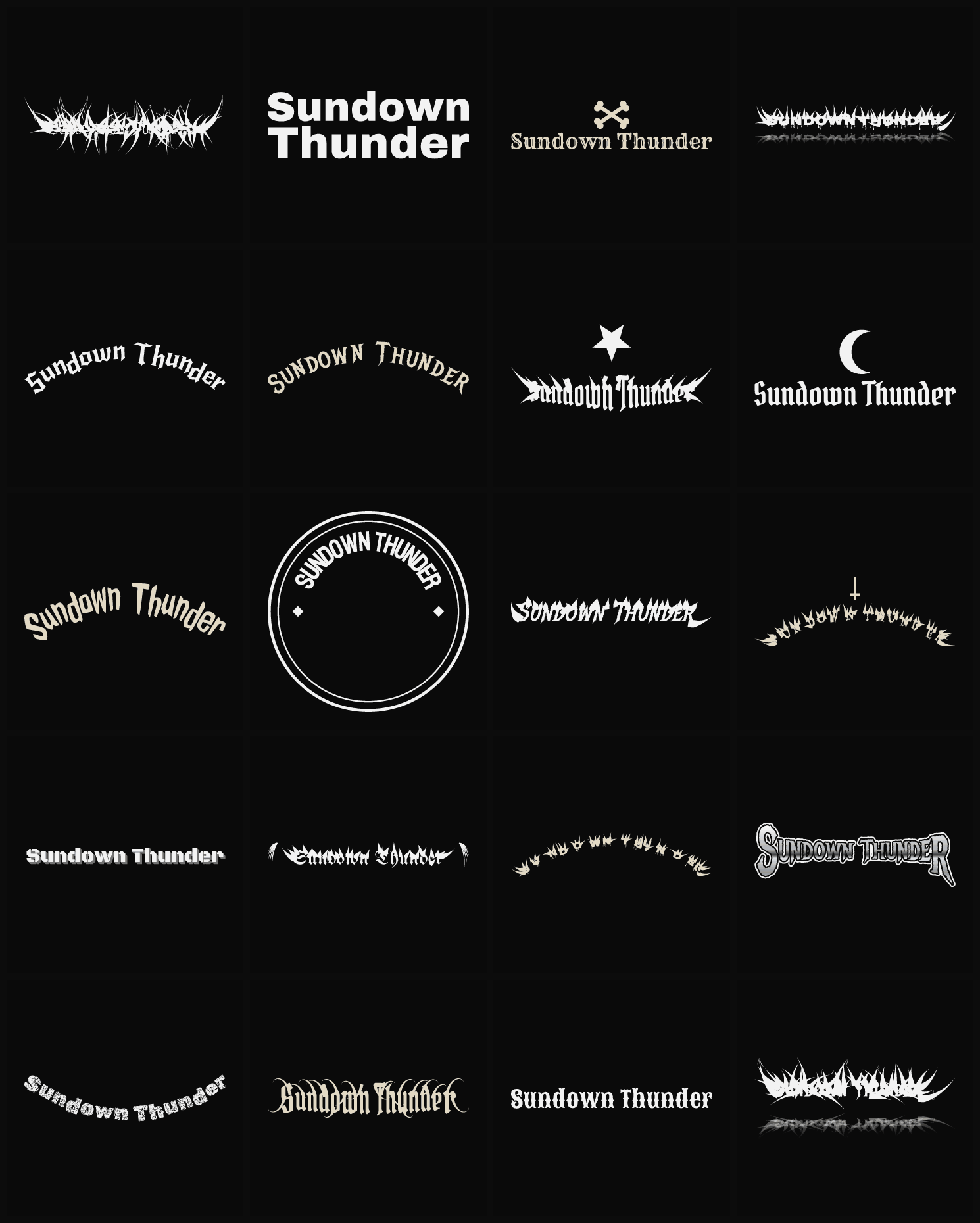 Twenty Sundown Thunder band logo ideas — different faces, treatments and spike settings
