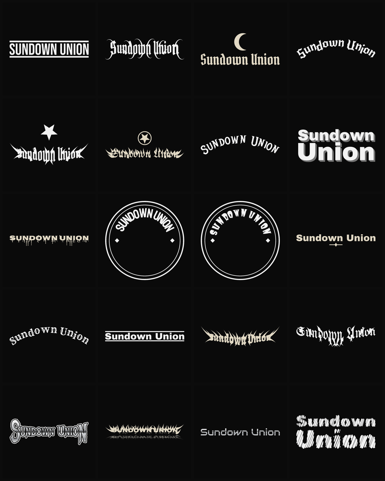 Twenty Sundown Union band logo ideas — different faces, treatments and spike settings
