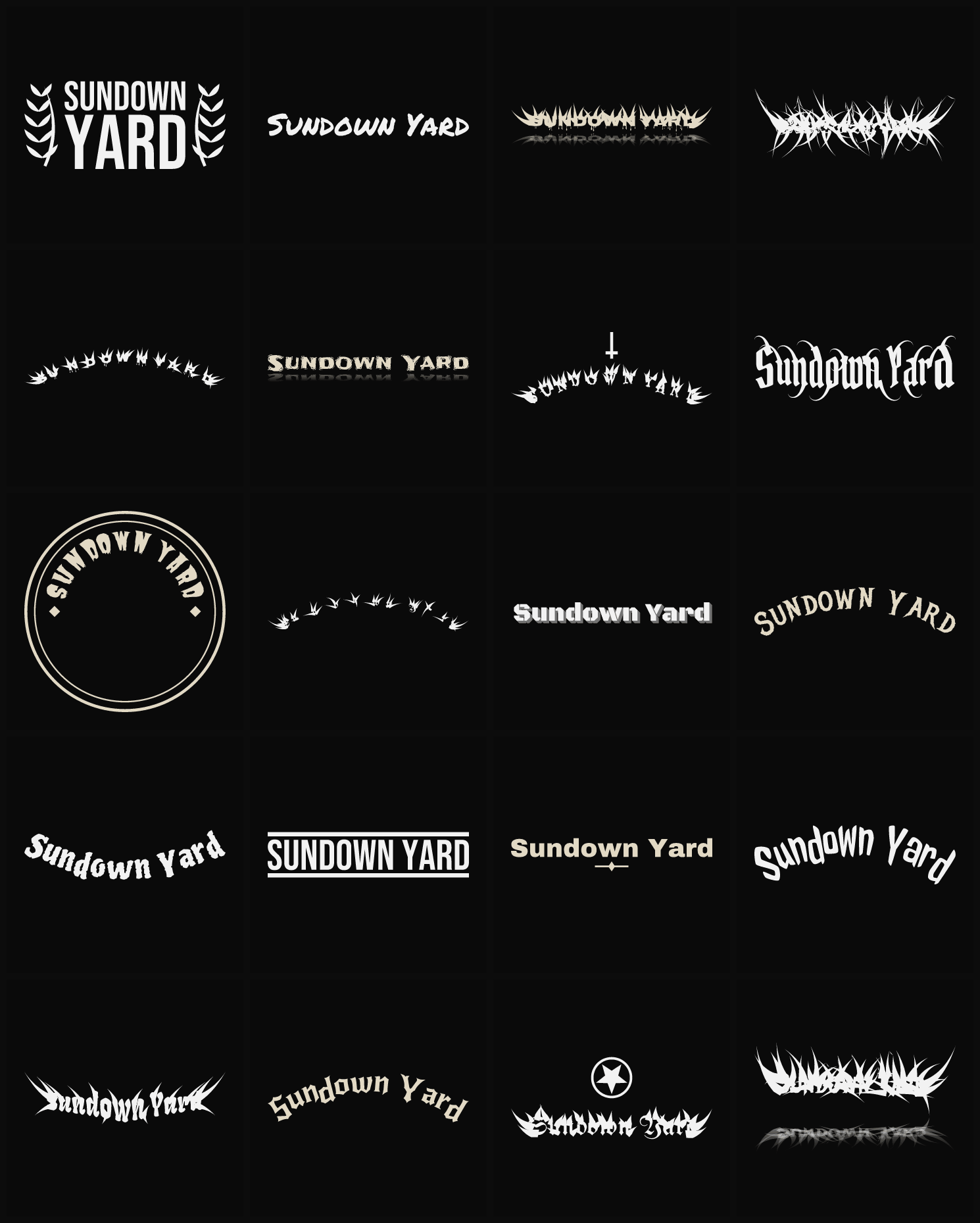 Twenty Sundown Yard band logo ideas — different faces, treatments and spike settings