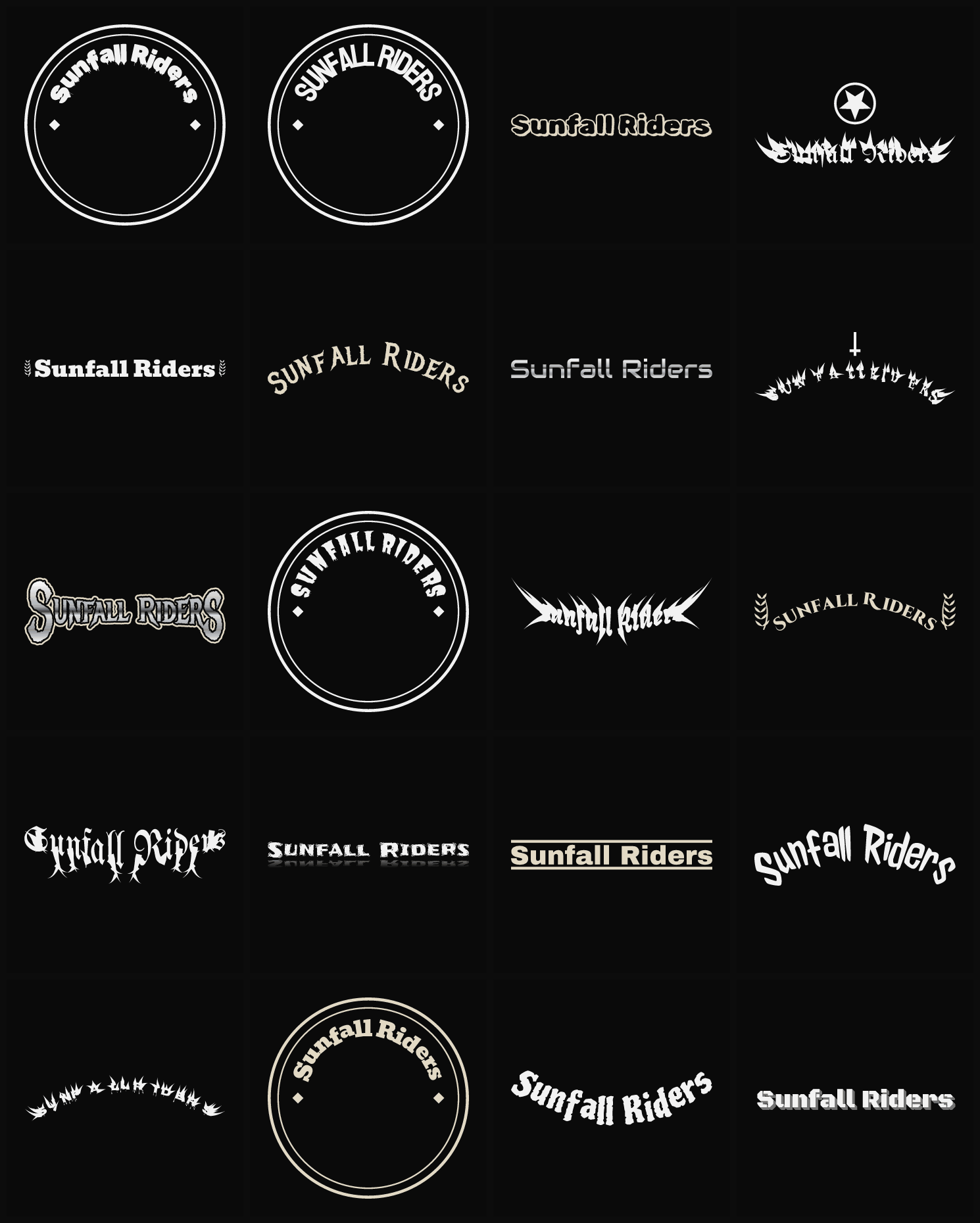 Twenty Sunfall Riders band logo ideas — different faces, treatments and spike settings