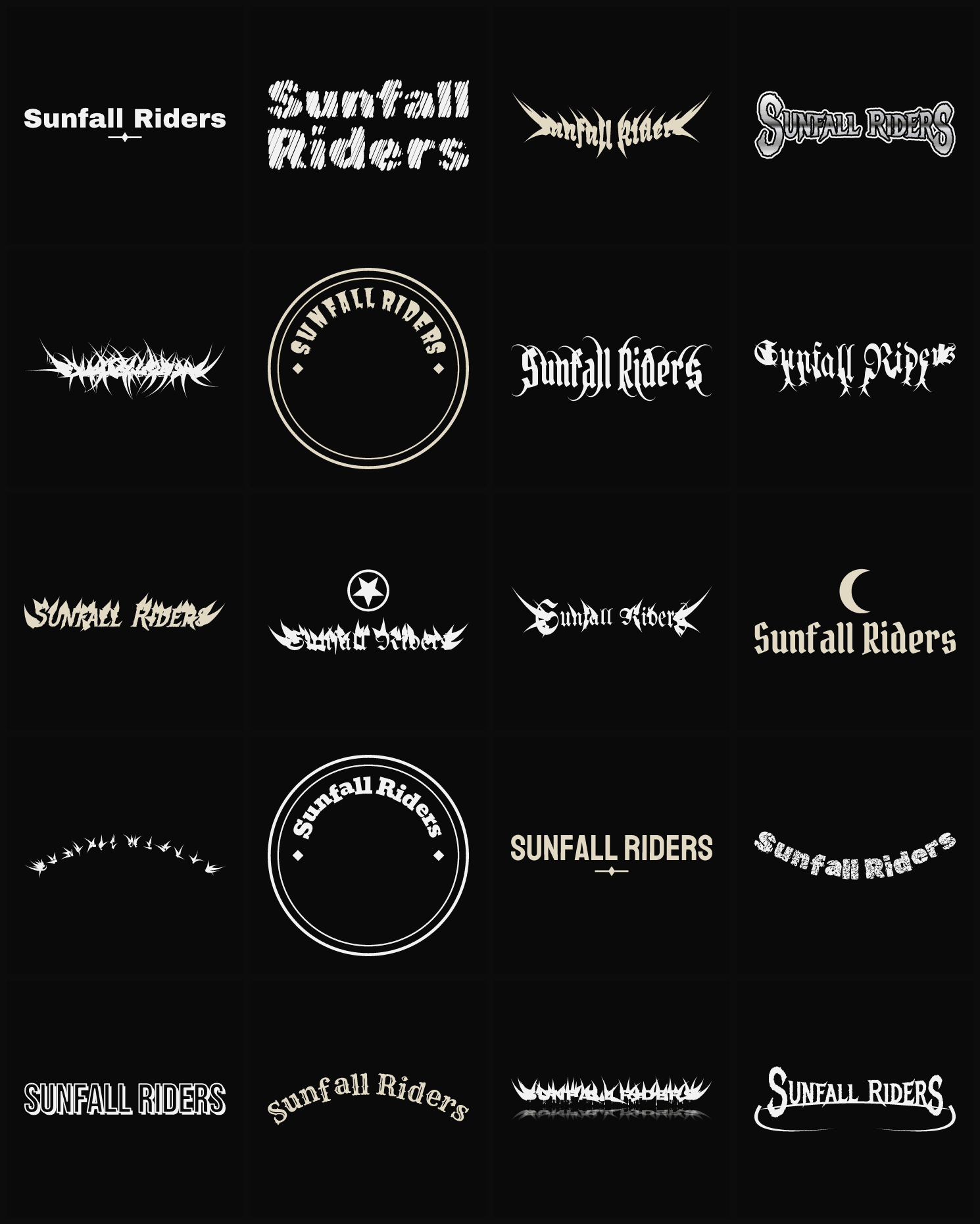 Twenty Sunfall Riders band logo ideas — different faces, treatments and spike settings