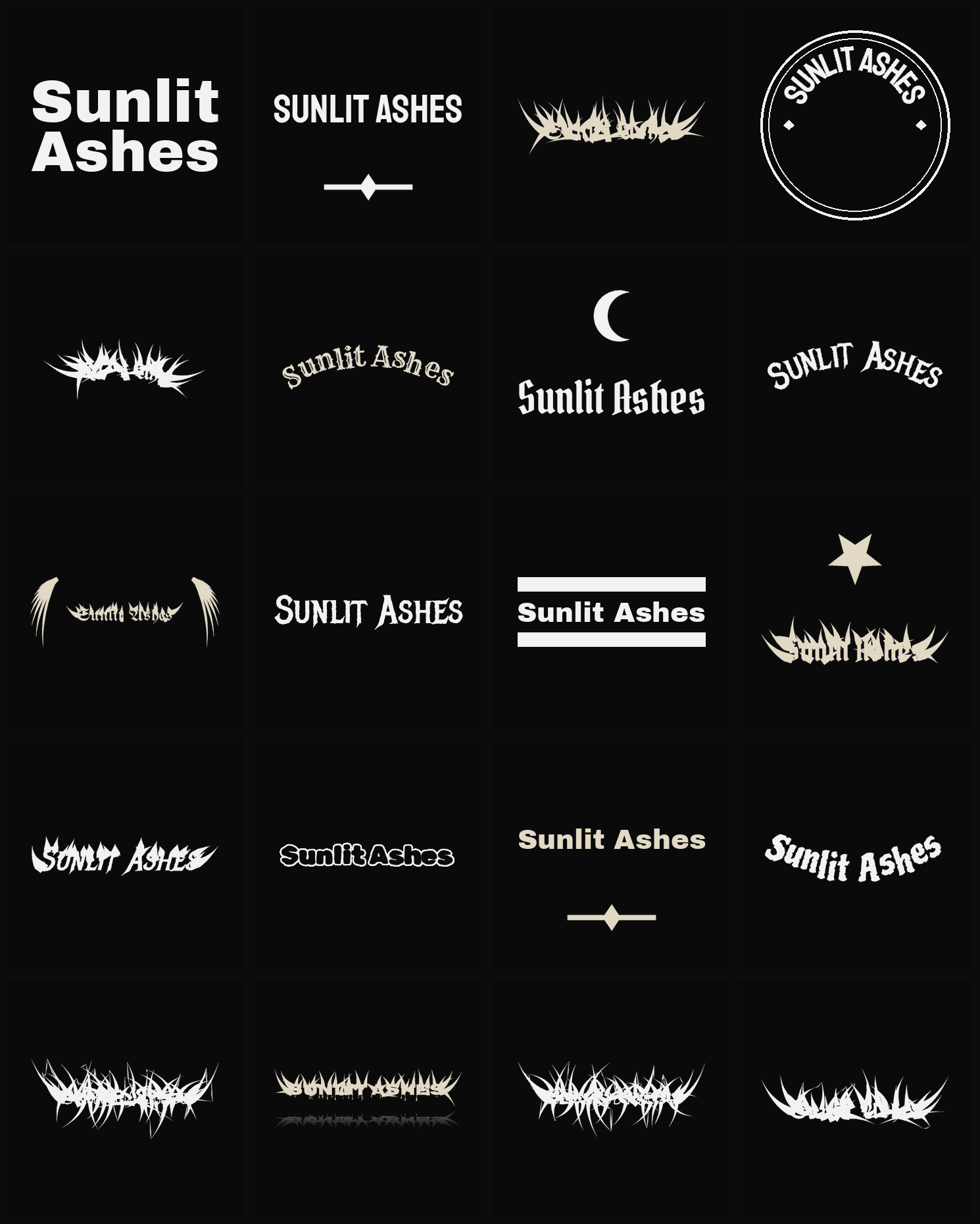 Twenty Sunlit Ashes band logo ideas — different faces, treatments and spike settings