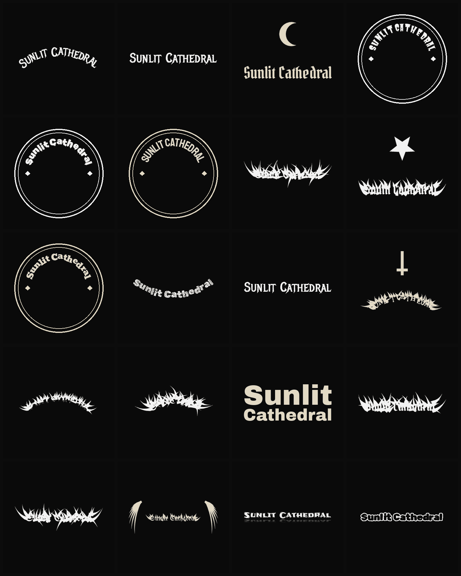 Twenty Sunlit Cathedral band logo ideas — different faces, treatments and spike settings