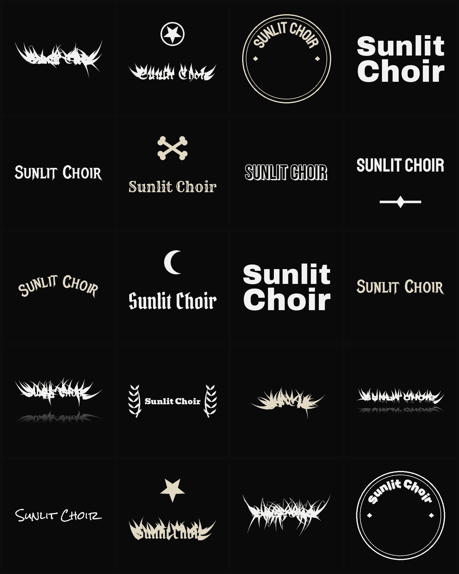 Twenty Sunlit Choir band logo ideas — different faces, treatments and spike settings