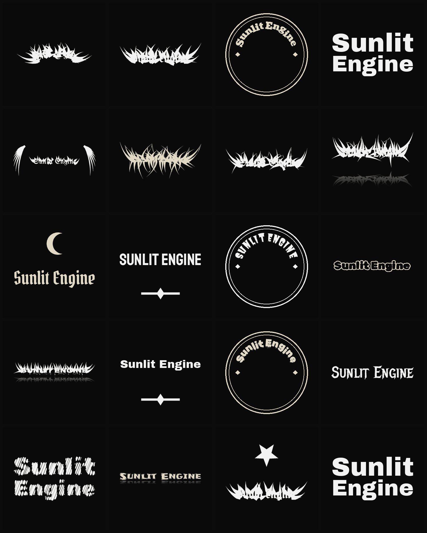 Twenty Sunlit Engine band logo ideas — different faces, treatments and spike settings