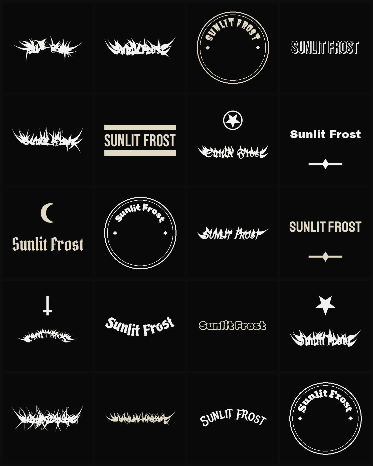 Twenty Sunlit Frost band logo ideas — different faces, treatments and spike settings