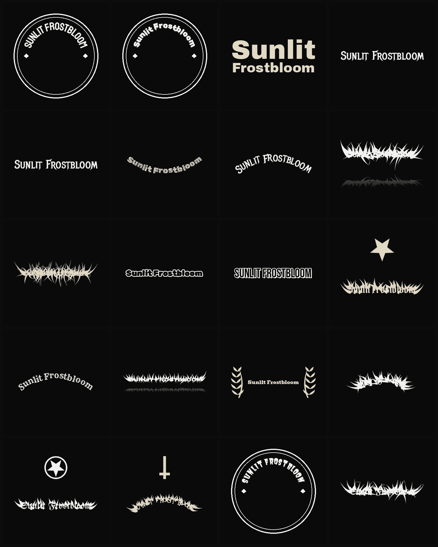 Twenty Sunlit Frostbloom band logo ideas — different faces, treatments and spike settings