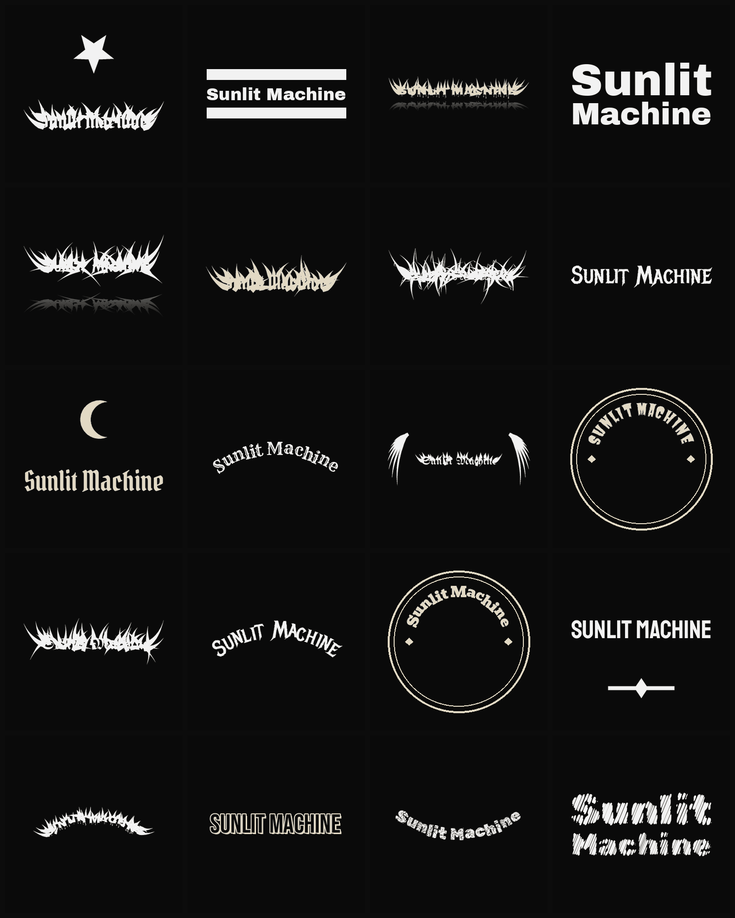 Twenty Sunlit Machine band logo ideas — different faces, treatments and spike settings