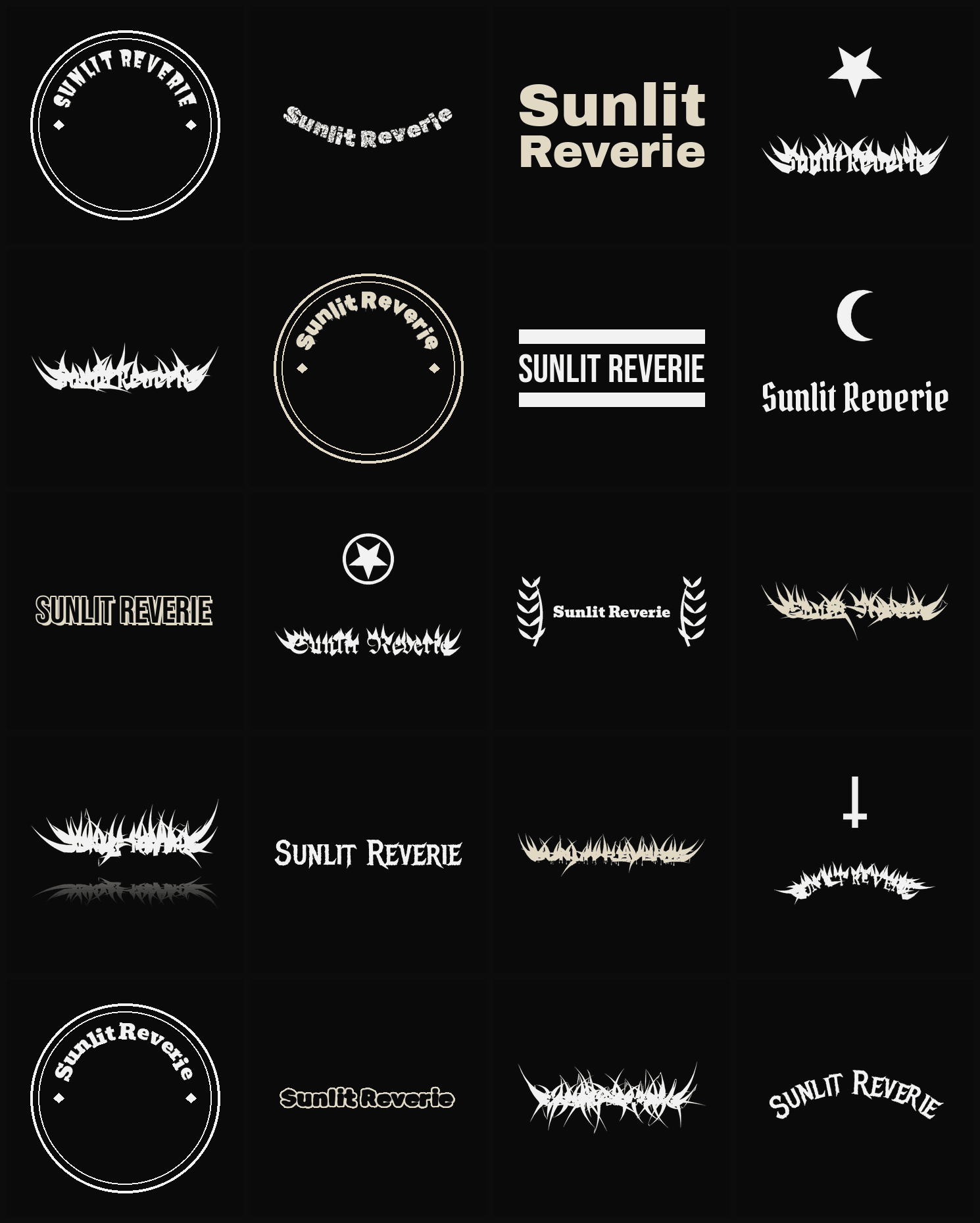 Twenty Sunlit Reverie band logo ideas — different faces, treatments and spike settings