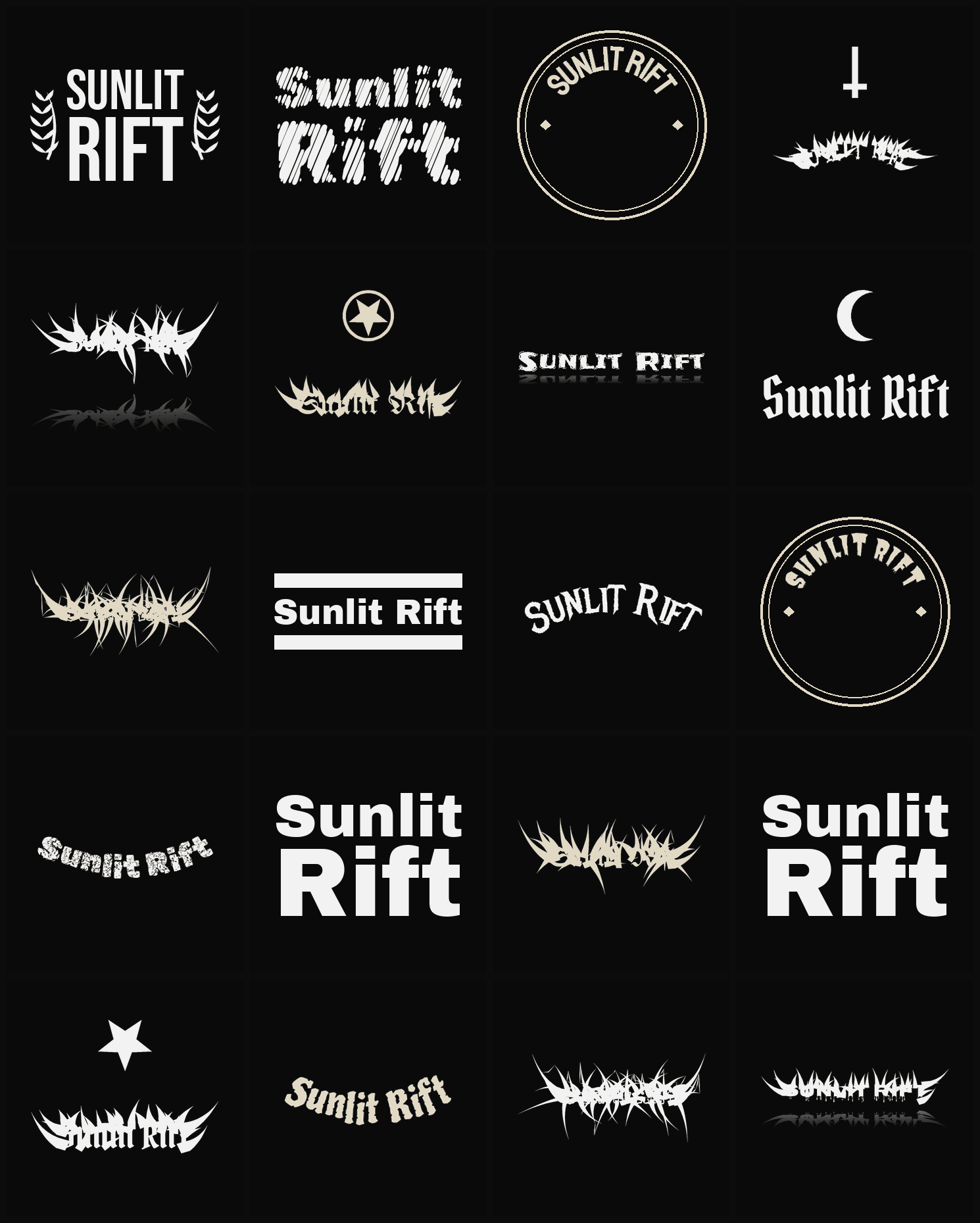 Twenty Sunlit Rift band logo ideas — different faces, treatments and spike settings