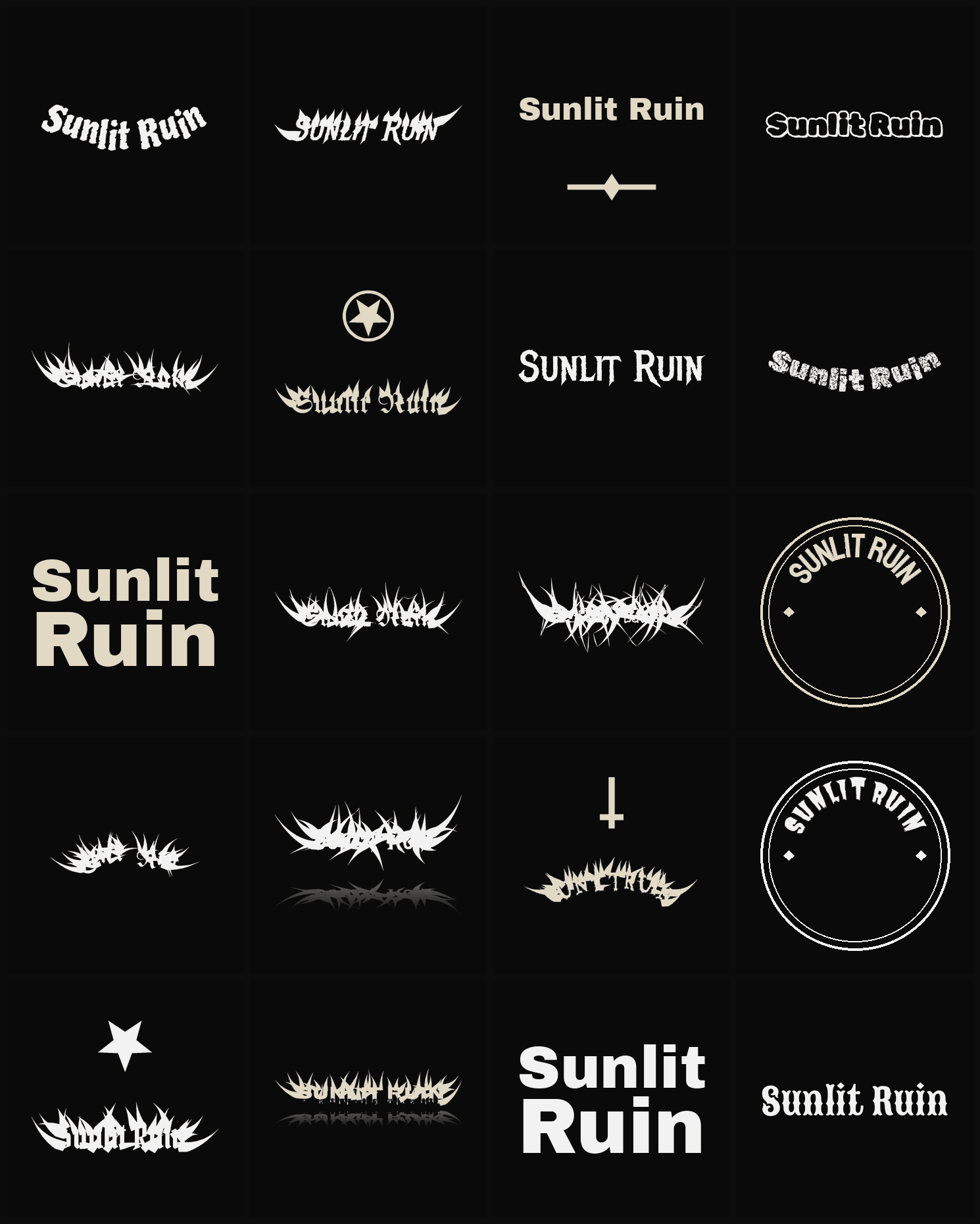 Twenty Sunlit Ruin band logo ideas — different faces, treatments and spike settings
