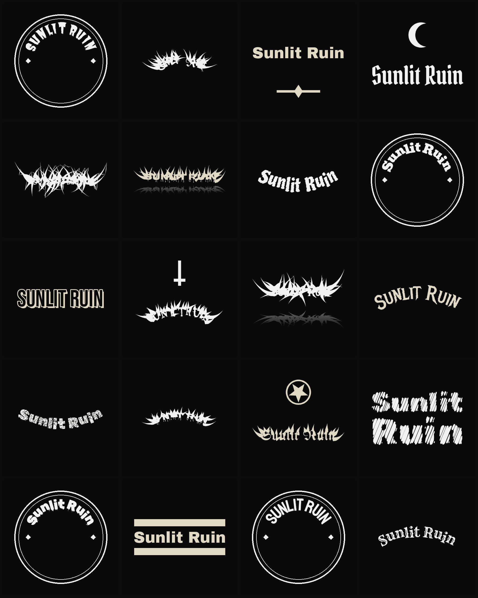 Twenty Sunlit Ruin band logo ideas — different faces, treatments and spike settings