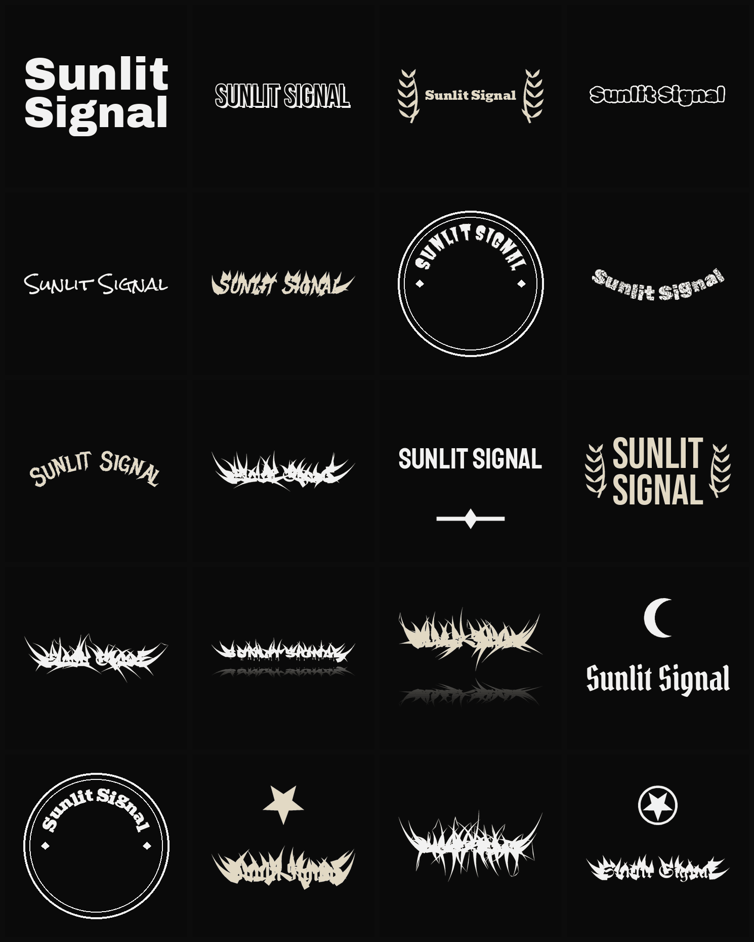 Twenty Sunlit Signal band logo ideas — different faces, treatments and spike settings