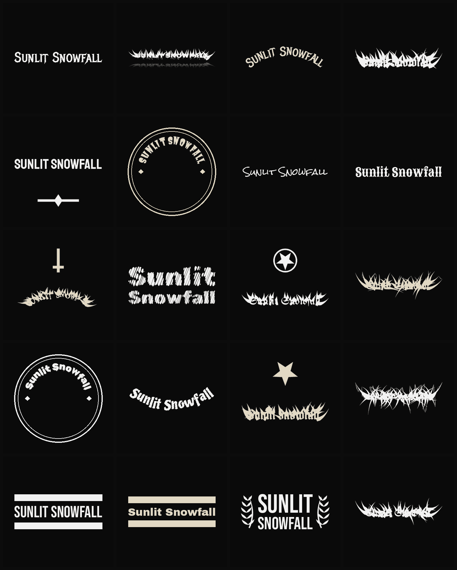 Twenty Sunlit Snowfall band logo ideas — different faces, treatments and spike settings