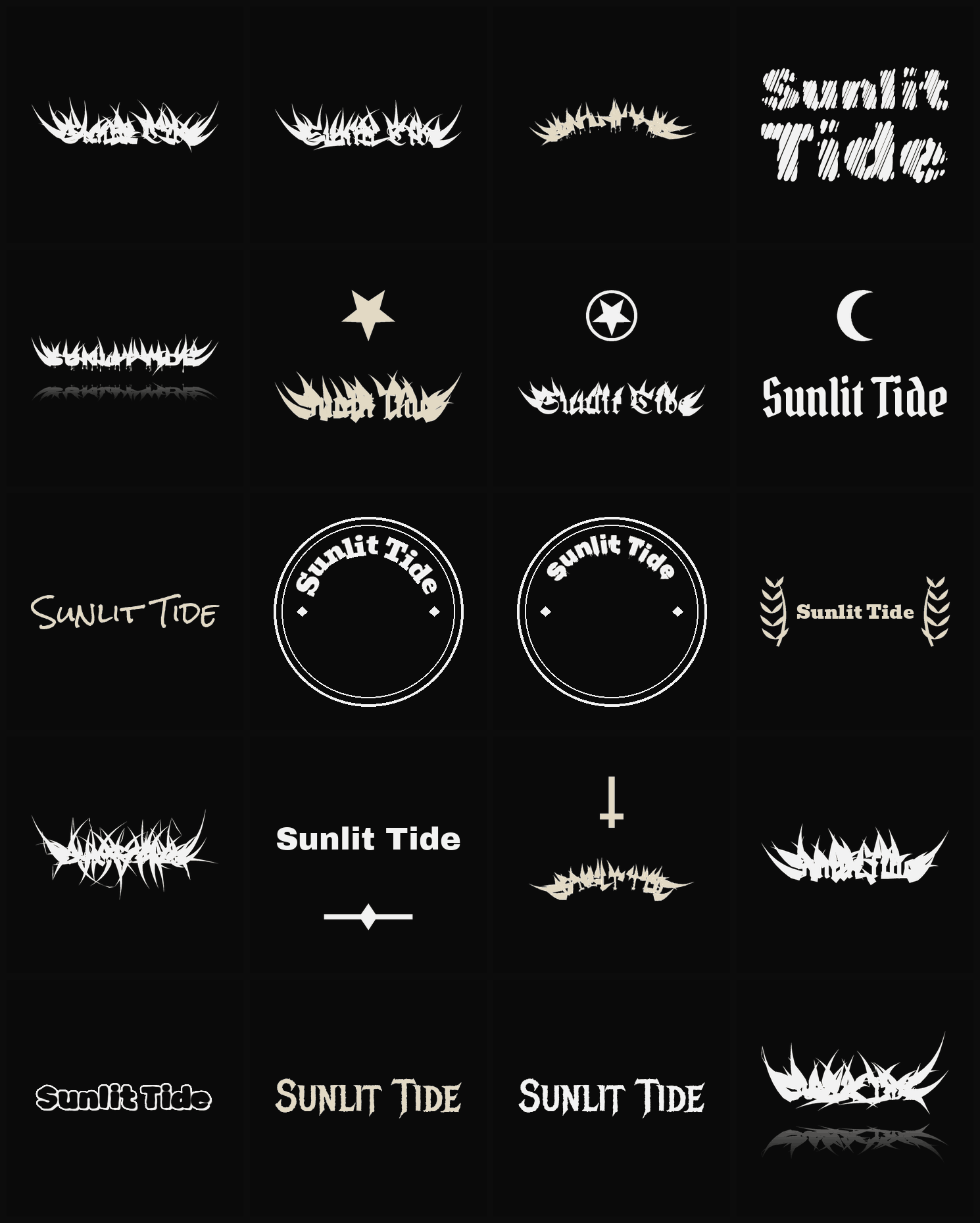 Twenty Sunlit Tide band logo ideas — different faces, treatments and spike settings