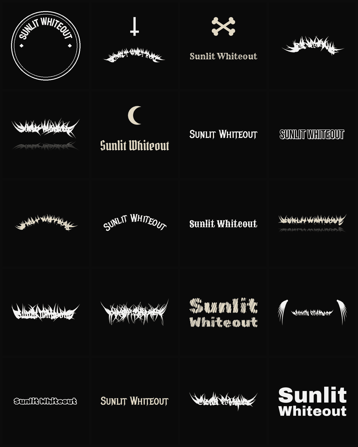 Twenty Sunlit Whiteout band logo ideas — different faces, treatments and spike settings