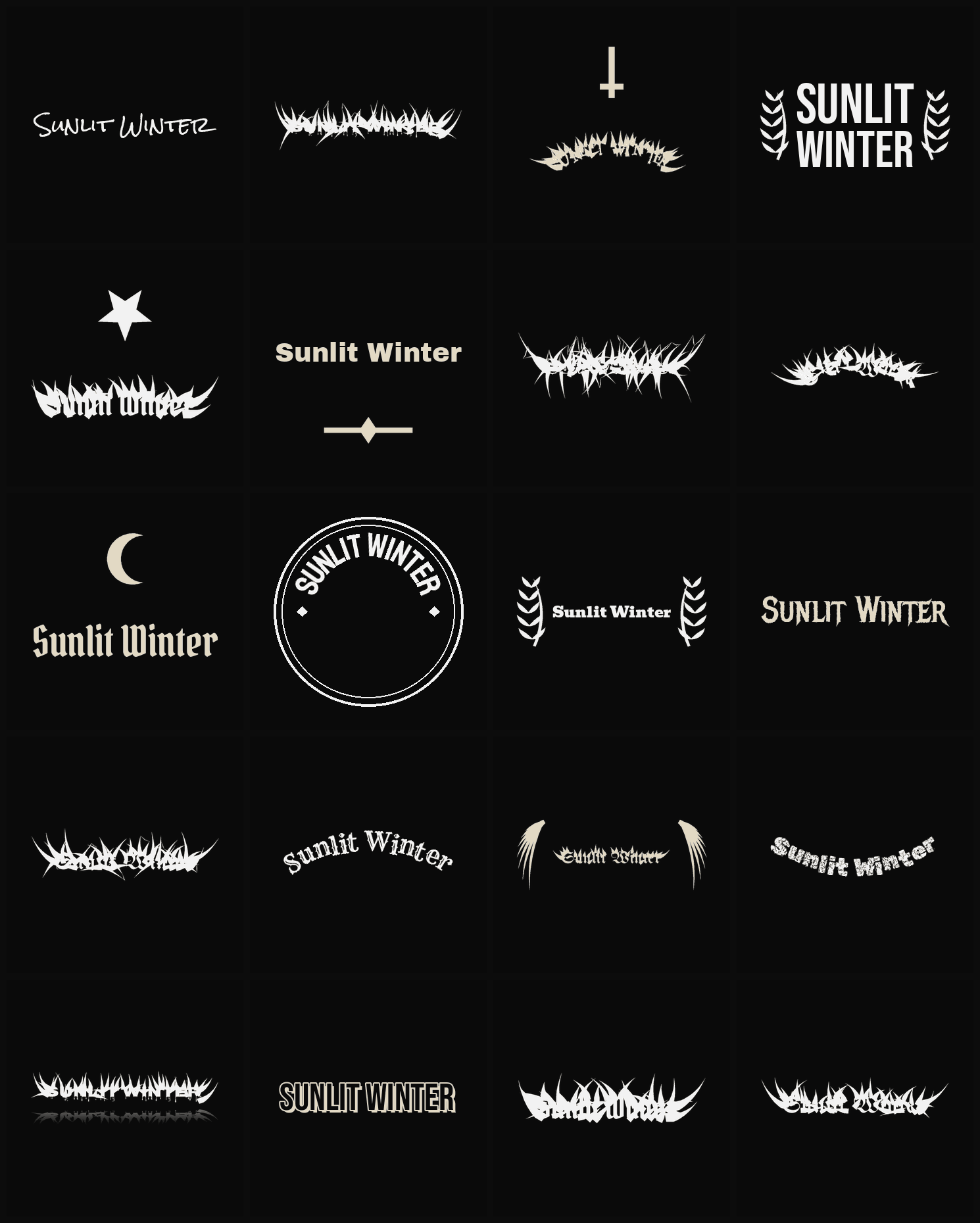 Twenty Sunlit Winter band logo ideas — different faces, treatments and spike settings