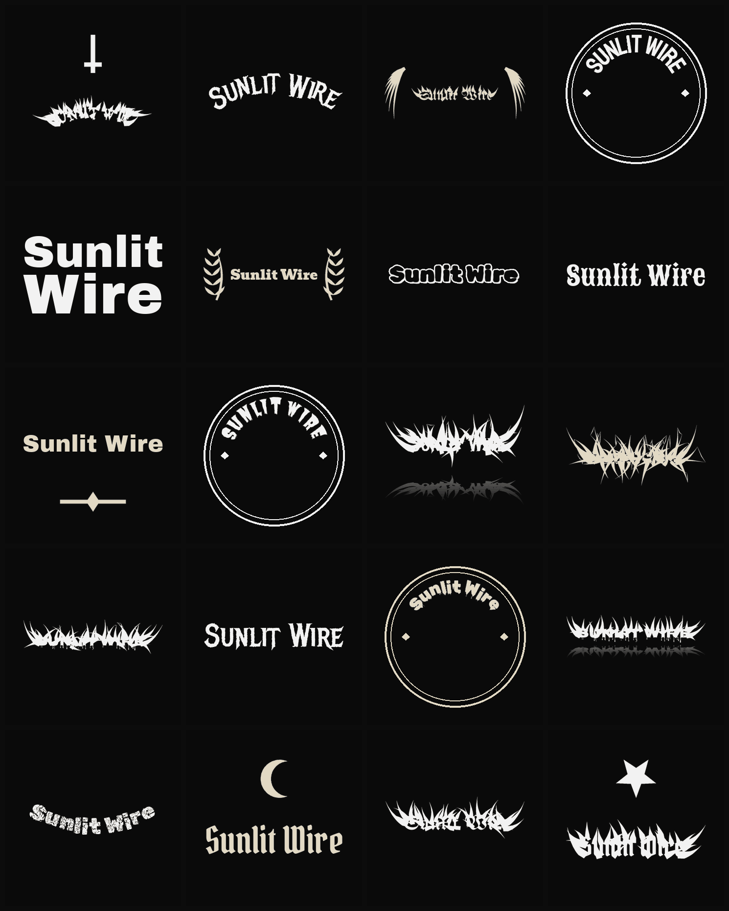 Twenty Sunlit Wire band logo ideas — different faces, treatments and spike settings