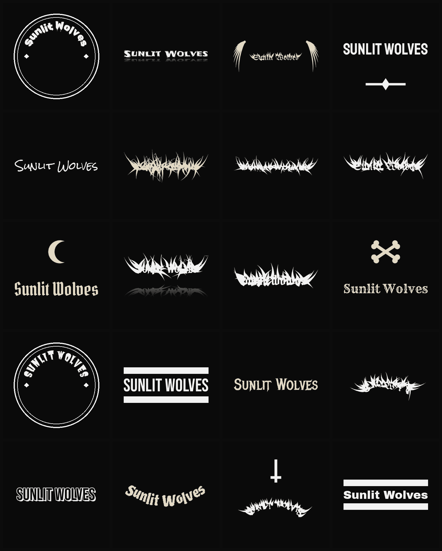 Twenty Sunlit Wolves band logo ideas — different faces, treatments and spike settings