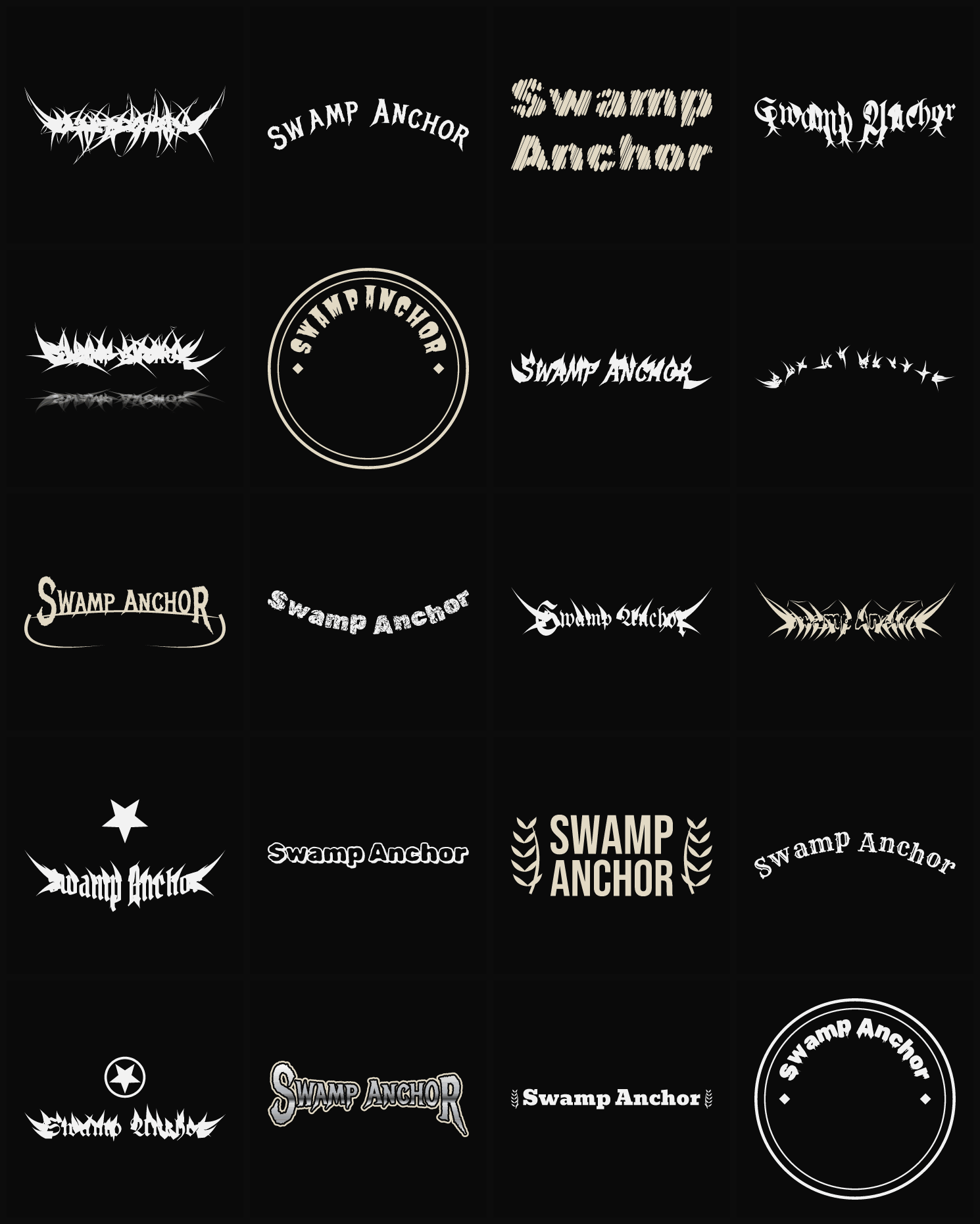 Twenty Swamp Anchor band logo ideas — different faces, treatments and spike settings