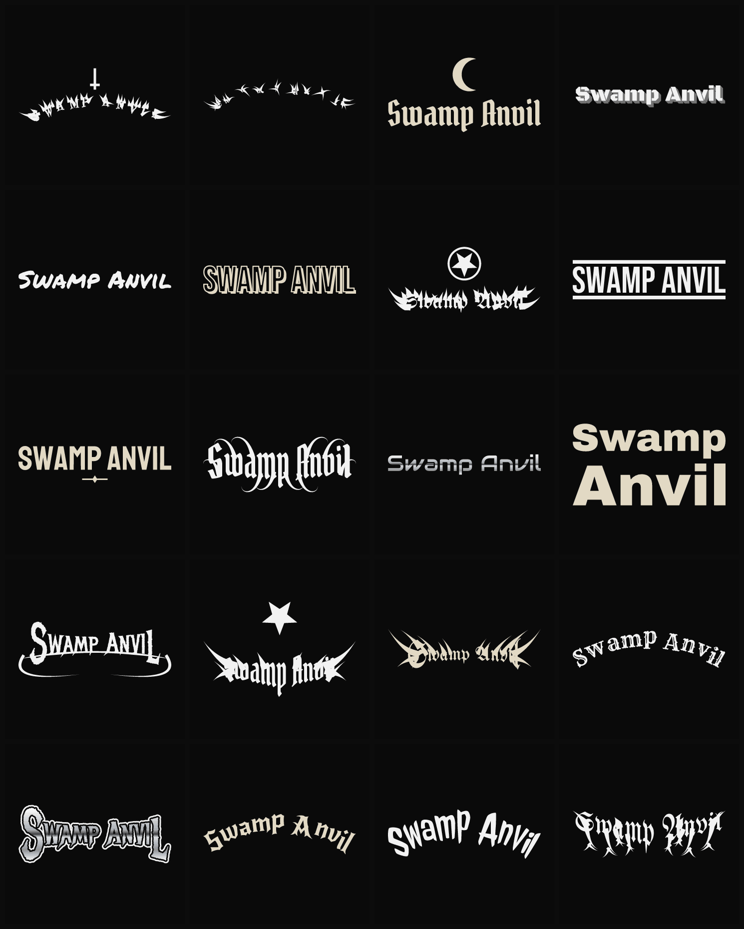 Twenty Swamp Anvil band logo ideas — different faces, treatments and spike settings