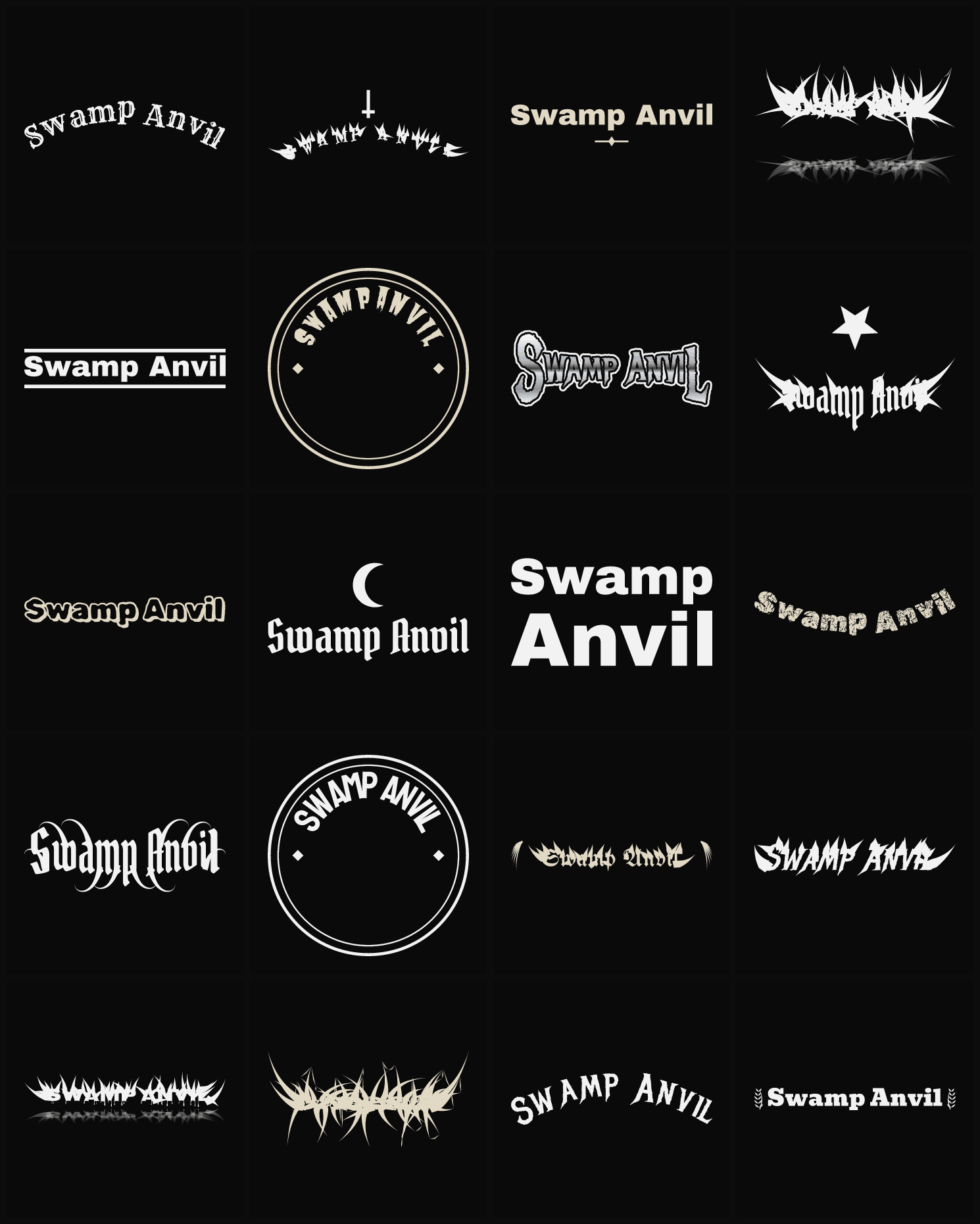 Twenty Swamp Anvil band logo ideas — different faces, treatments and spike settings