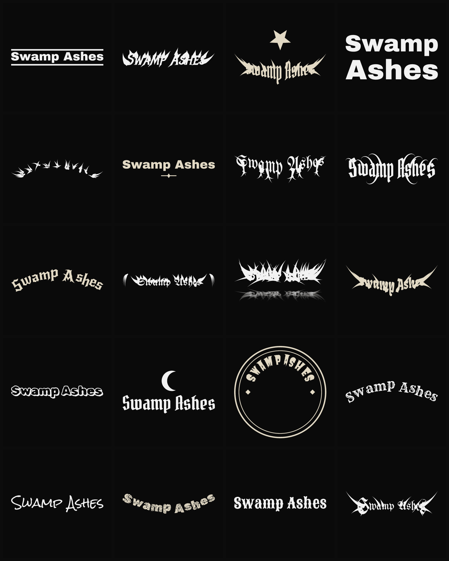 Twenty Swamp Ashes band logo ideas — different faces, treatments and spike settings