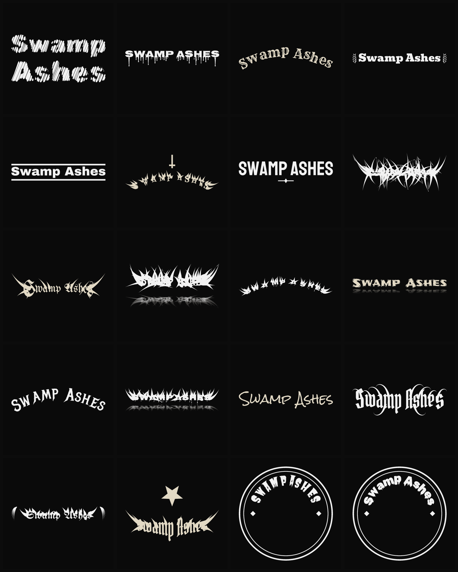 Twenty Swamp Ashes band logo ideas — different faces, treatments and spike settings