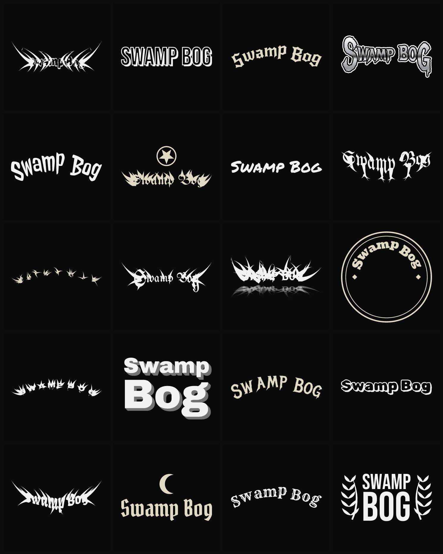 Twenty Swamp Bog band logo ideas — different faces, treatments and spike settings
