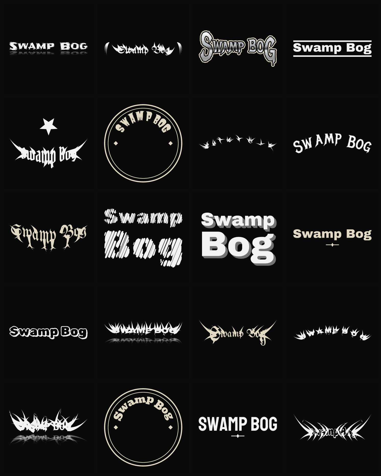 Twenty Swamp Bog band logo ideas — different faces, treatments and spike settings