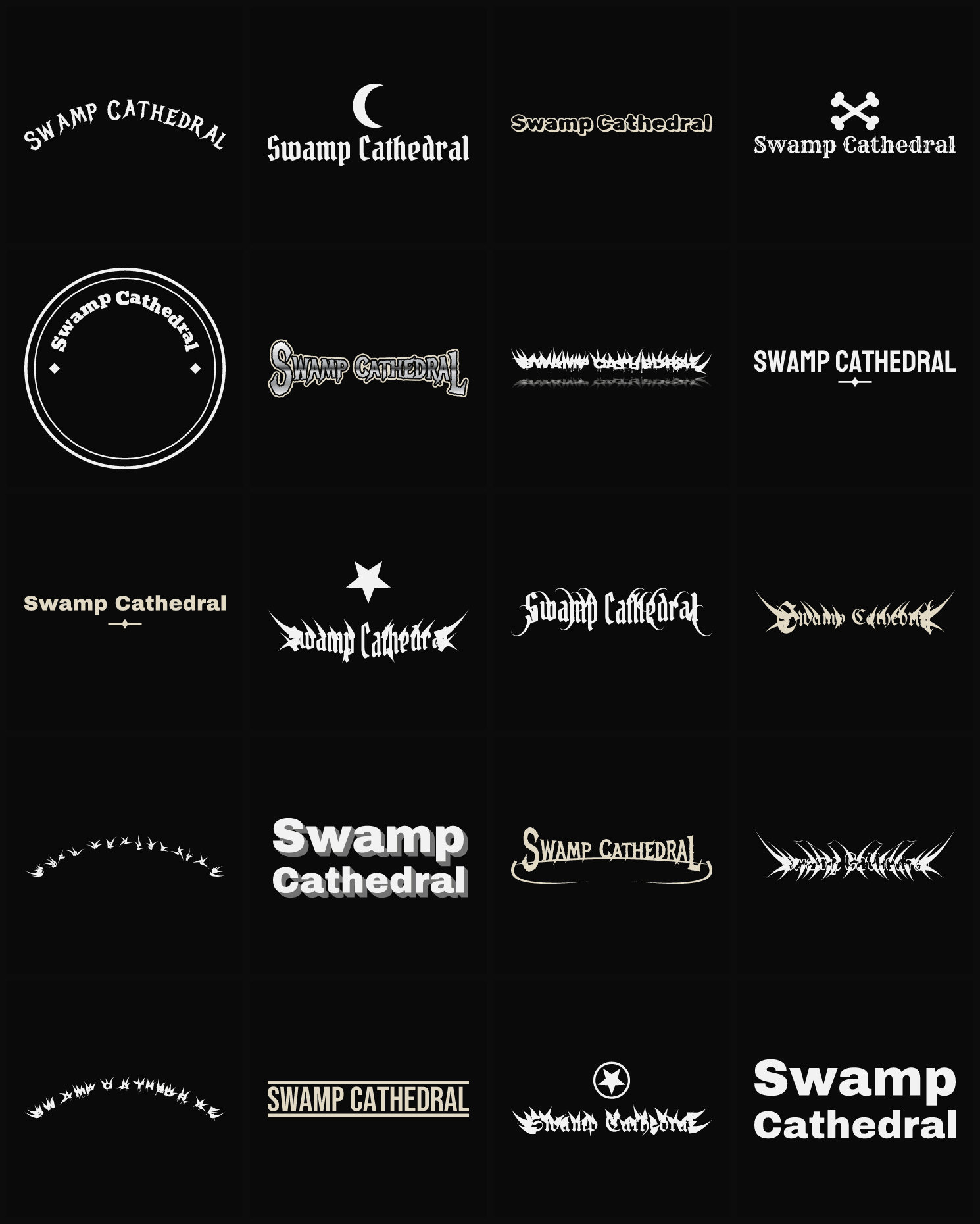 Twenty Swamp Cathedral band logo ideas — different faces, treatments and spike settings