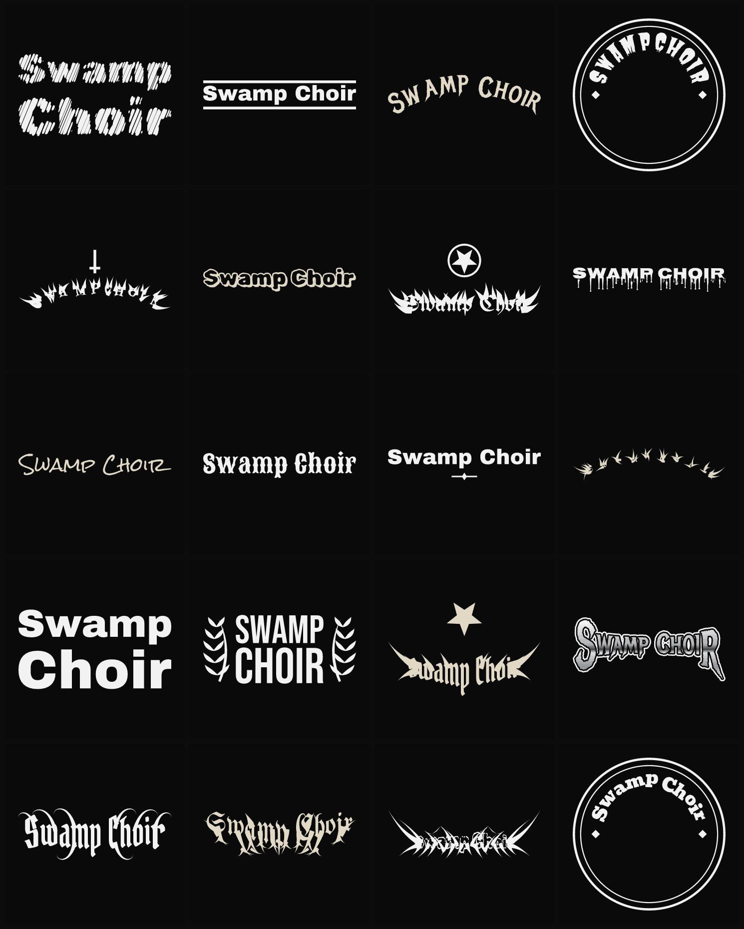 Twenty Swamp Choir band logo ideas — different faces, treatments and spike settings